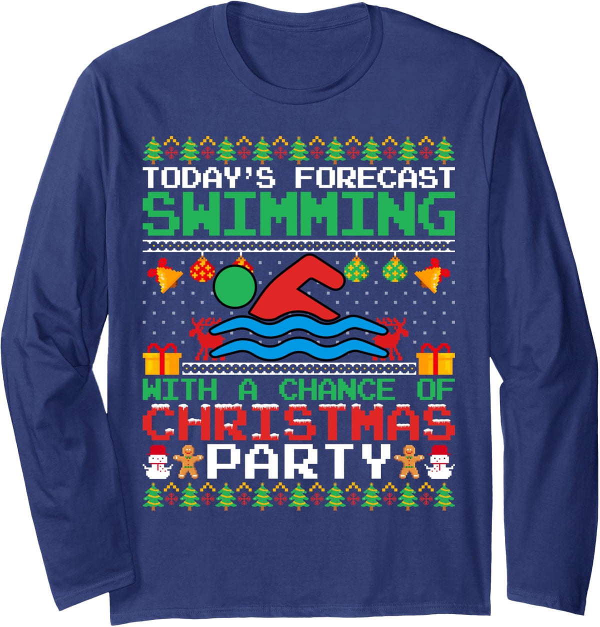 Swimming Christmas Party Swim Swimmer Christmas Ugly Style Long Sleeve T-Shirt - Adult Unisex Navy Blue