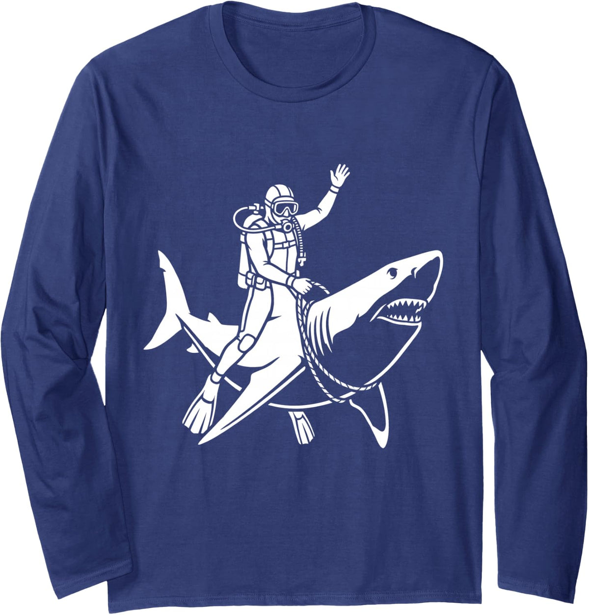 Scuba Diver Riding Shark Funny Diving Long Sleeve T-Shirt - Adult Unisex Navy Blue
