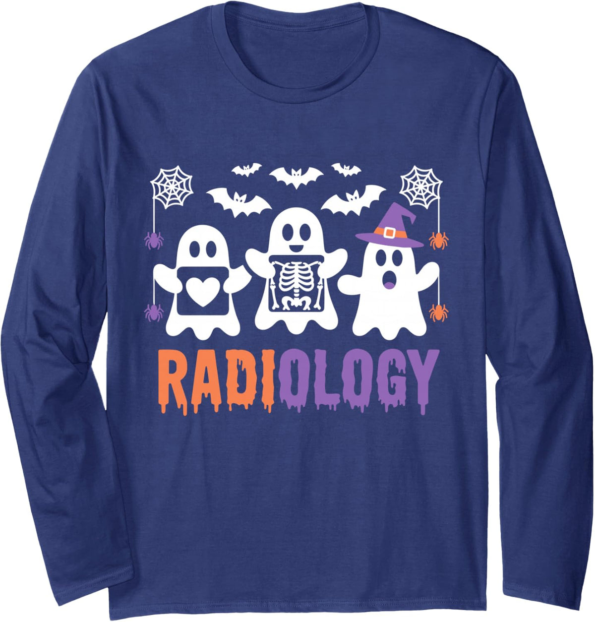 Radiology Halloween Ghosts Boo XRay Tech Spooky Skeleton Long Sleeve T-Shirt - Adult Unisex Navy Blue