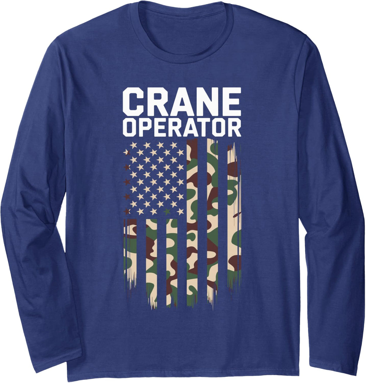 Crane Operator Military Camo Patriotic Long Sleeve T-Shirt - Adult Unisex Navy Blue