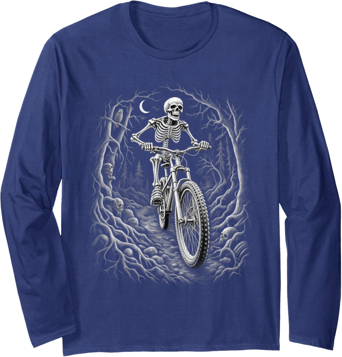 Vintage Skeleton Mountain Biker Haunted Forest Halloween Long Sleeve T-Shirt - Adult Unisex Navy Blue