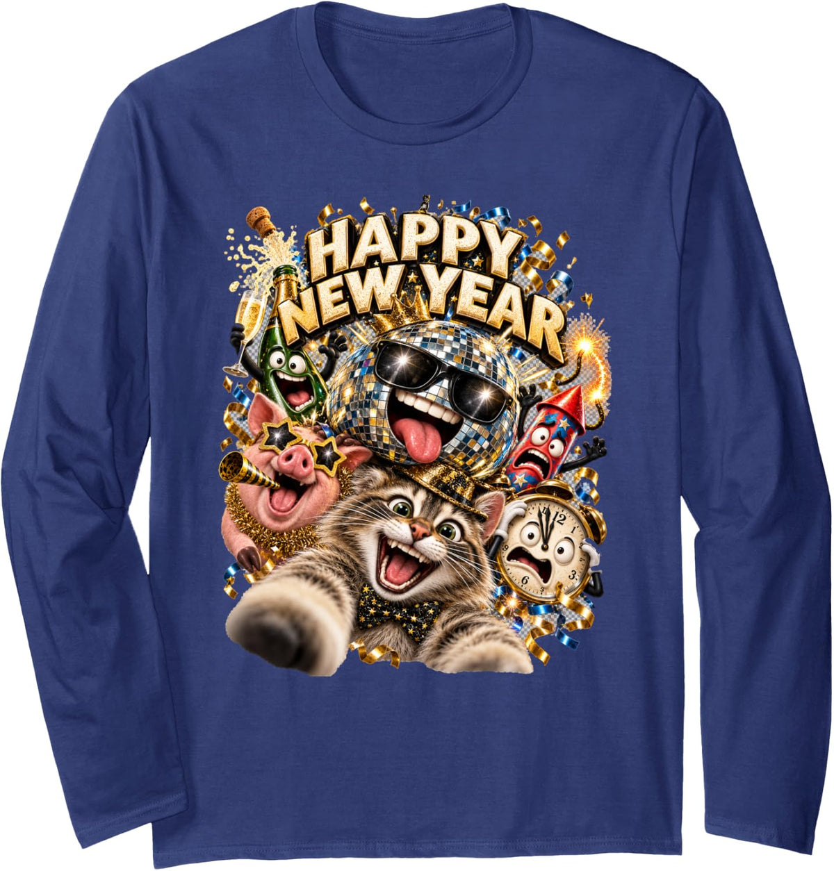 Happy New Year Cat Selfie Giant Disco Ball Party Art Long Sleeve T-Shirt - Adult Unisex Navy Blue