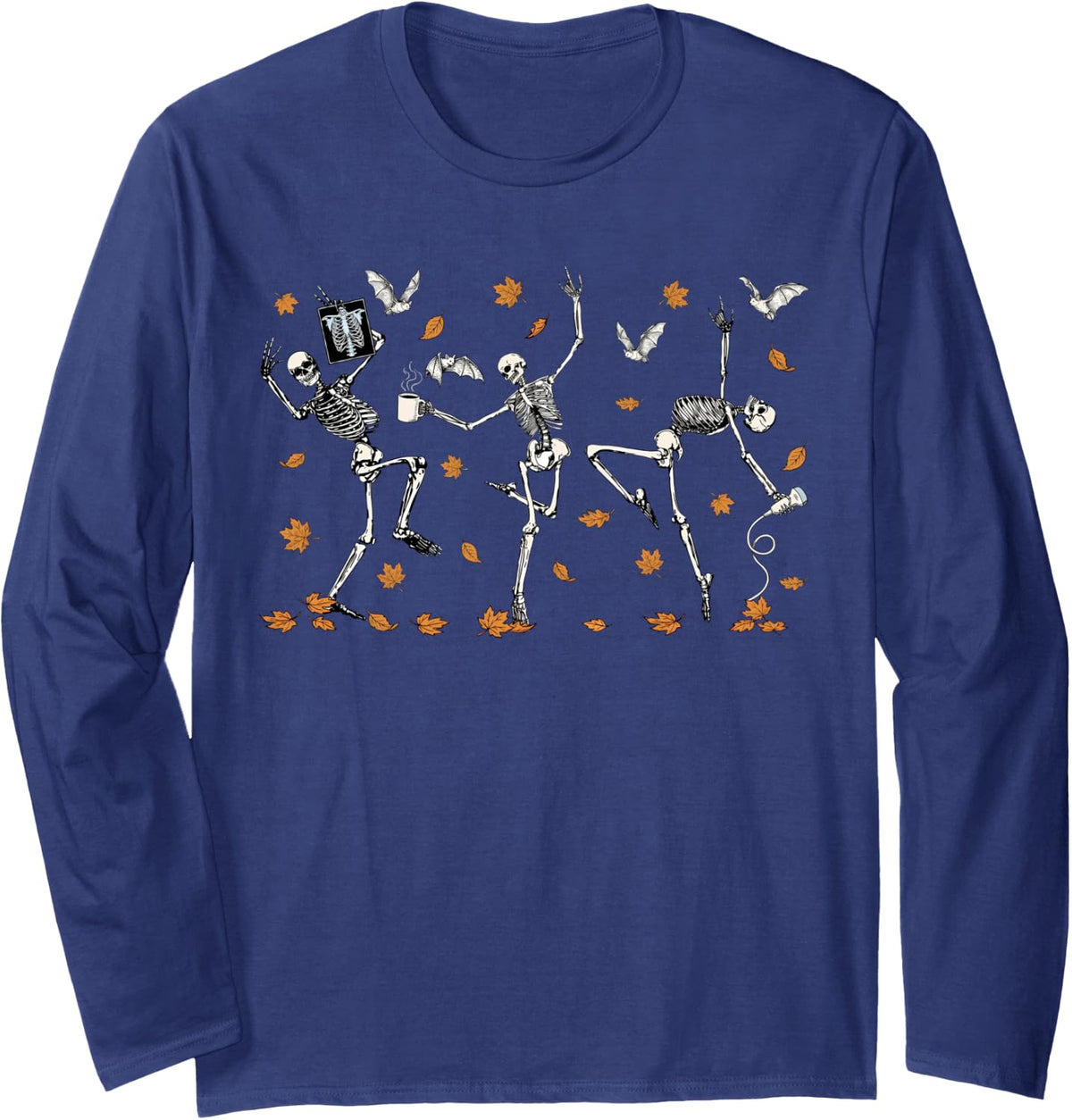Radiology Skeleton Dancing with Leaf Fall Rad Tech Halloween Long Sleeve T-Shirt - Adult Unisex Navy Blue