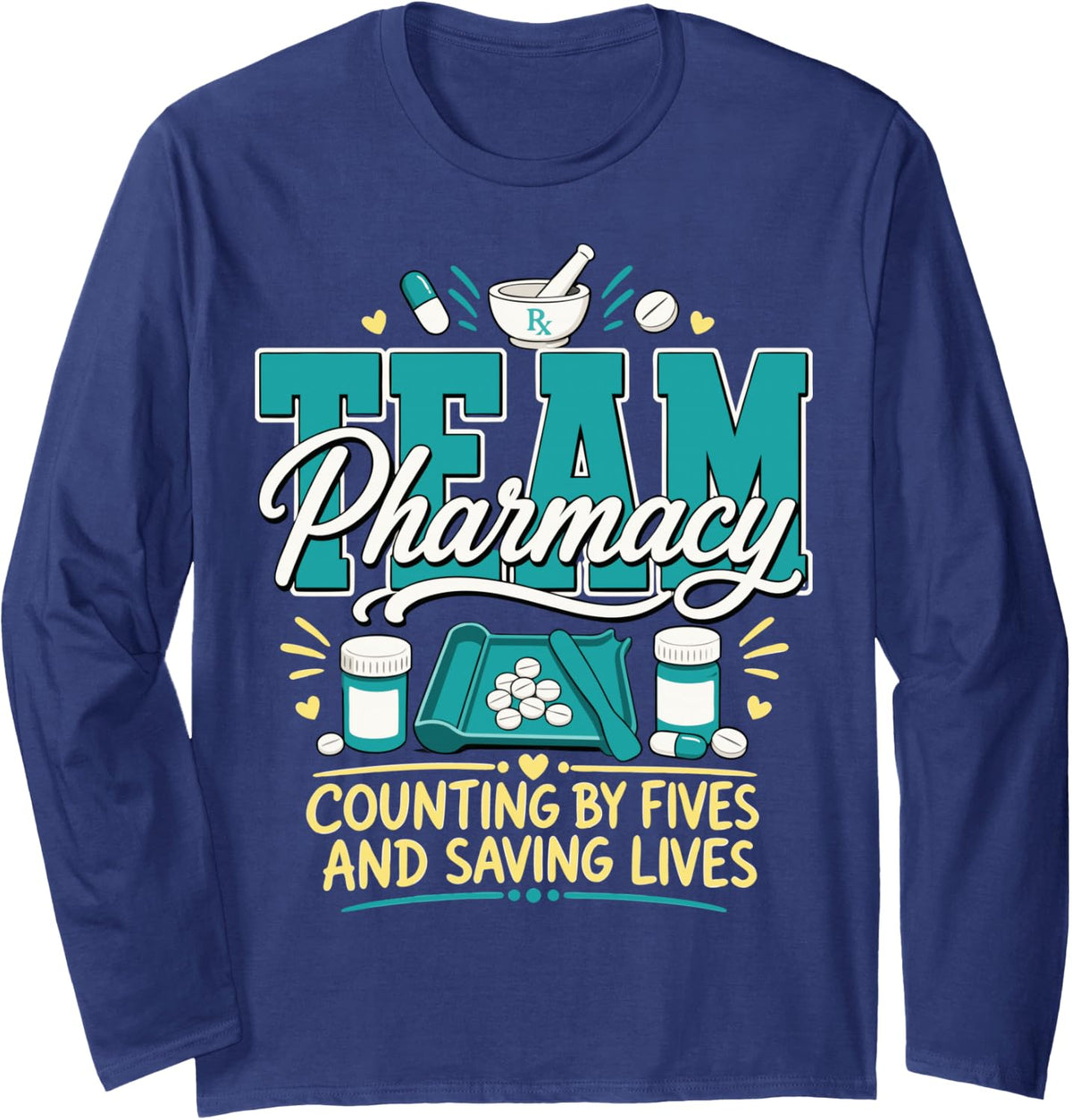Pharmacy Technician Rx Tech Pharmacy Team Long Sleeve T-Shirt - Adult Unisex Navy Blue