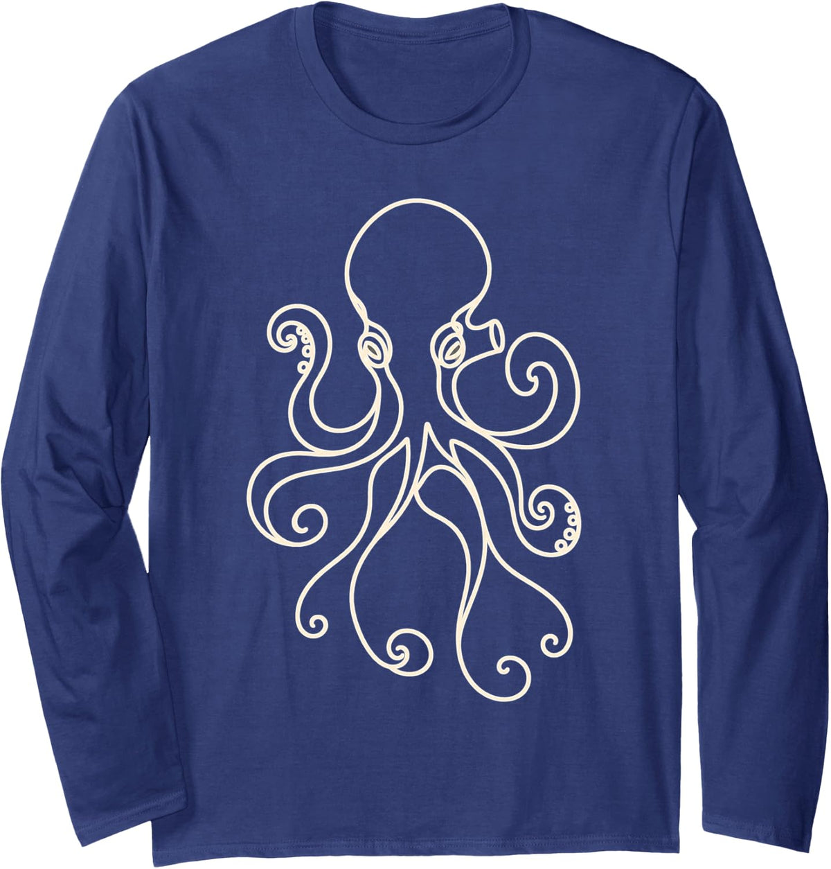 Octopus Single Line Art Minimalist Ocean Animal Long Sleeve T-Shirt - Adult Unisex Navy Blue