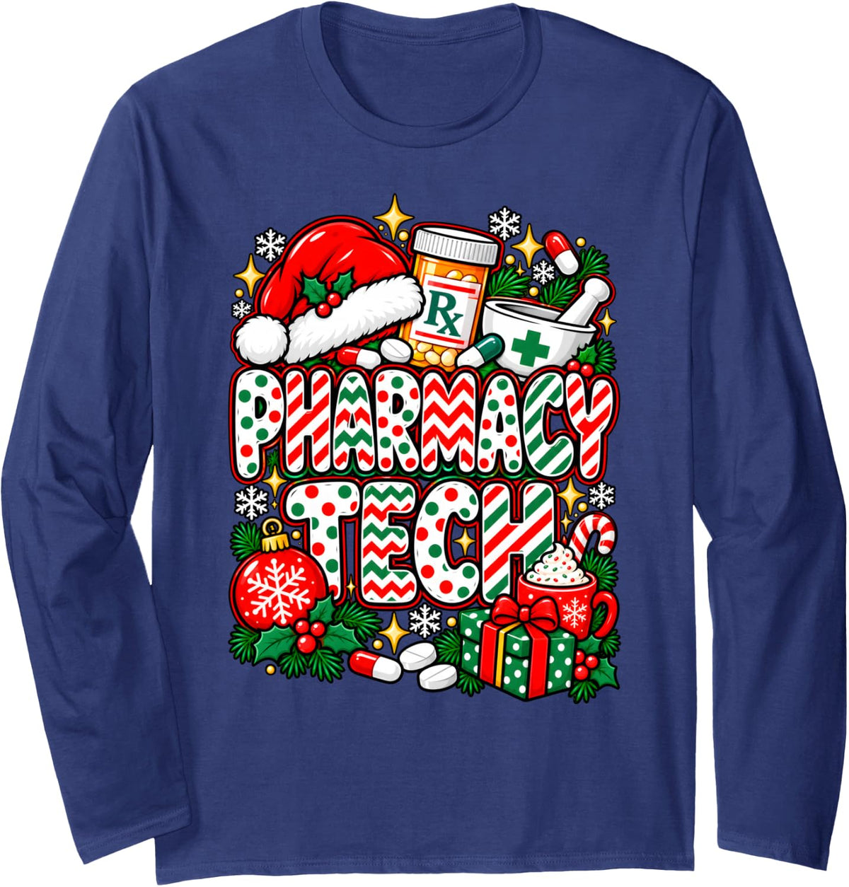 Pharmacy Tech Christmas Pharmacist Technician Squad Xmas Long Sleeve T-Shirt - Adult Unisex Navy Blue