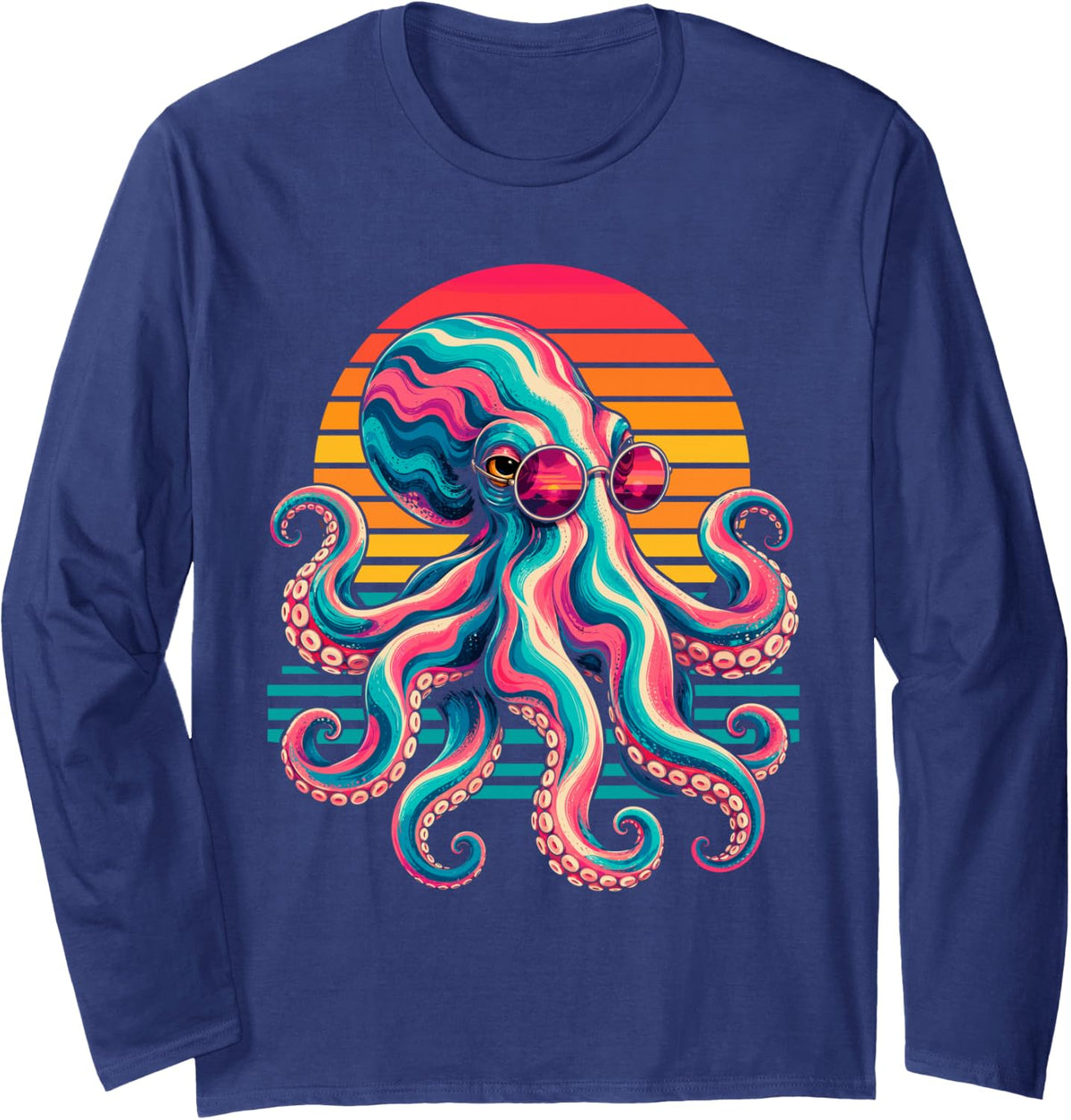 80s Sunset - Octopus Long Sleeve T-Shirt - Adult Unisex Navy Blue