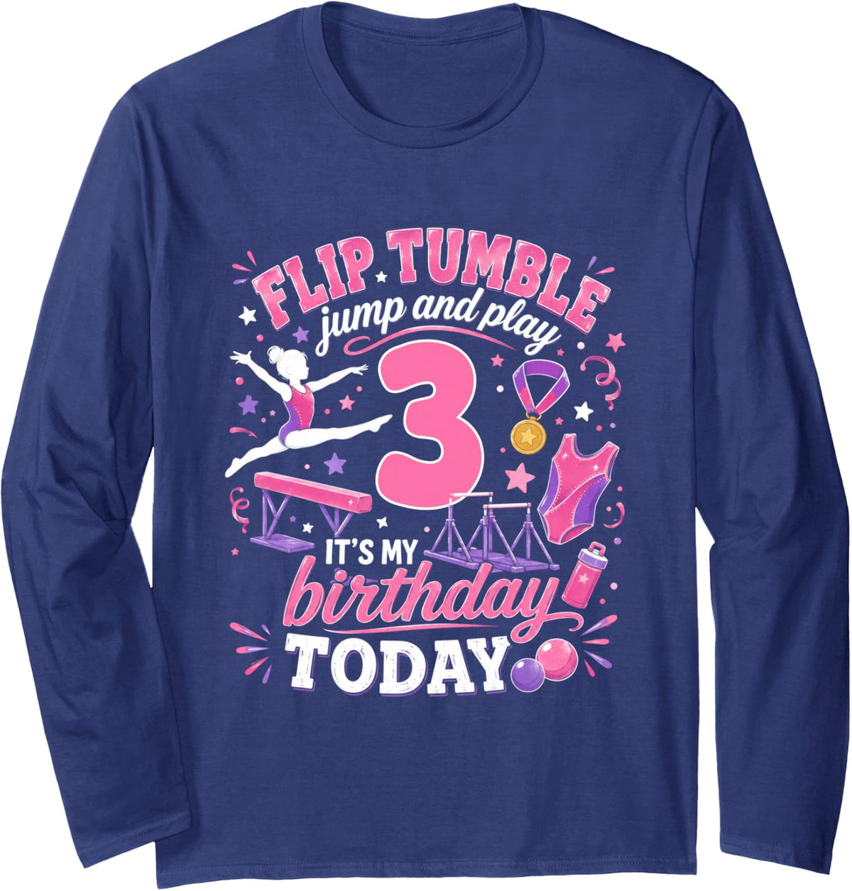 Gymnastics Lover 3 Year Old Birthday Girl Party 3rd Long Sleeve T-Shirt - Adult Unisex Navy Blue