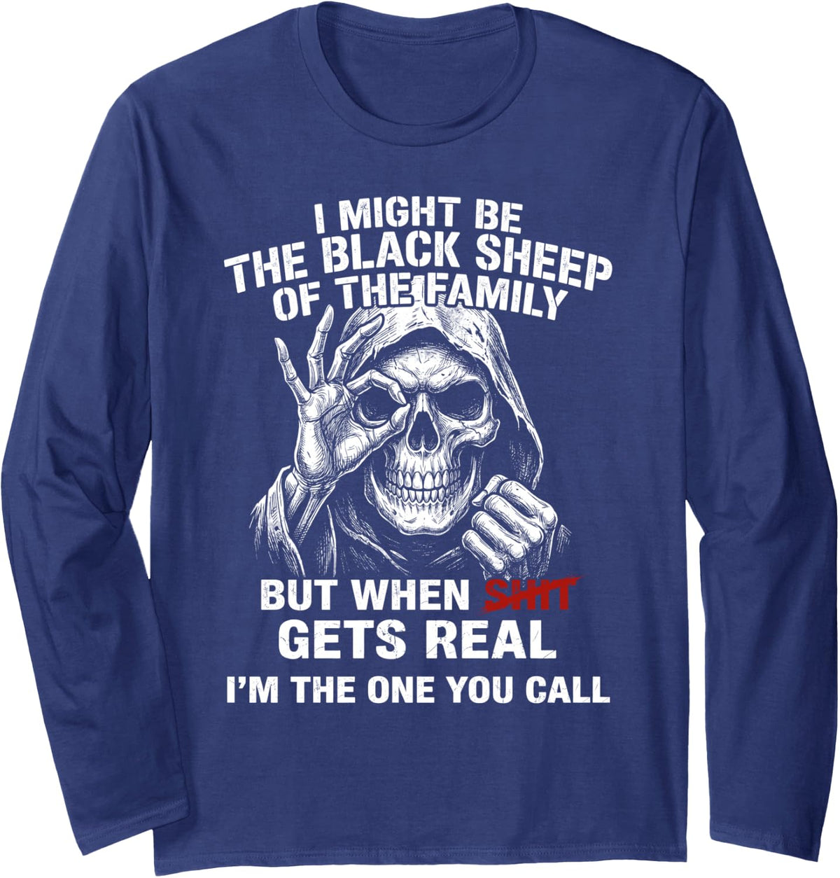 Skull I Might Be The Black Sheep of The Family Retro Long Sleeve T-Shirt - Adult Unisex Navy Blue