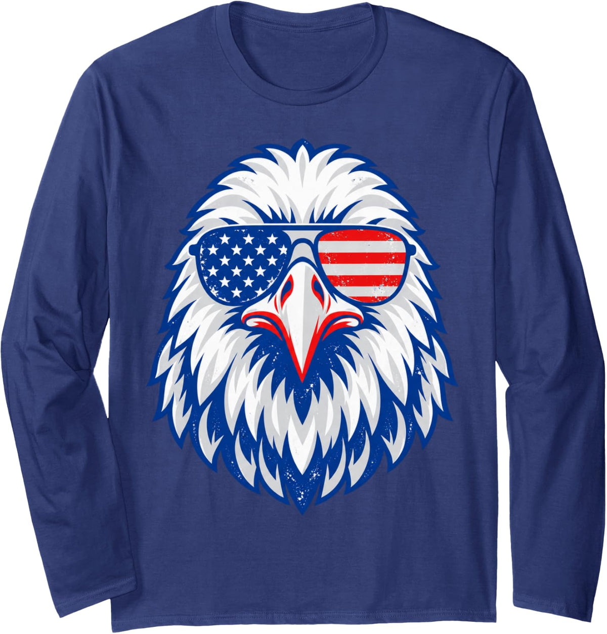 Bald Eagle Head with USA Flag Sunglasses Patriot Long Sleeve T-Shirt - Adult Unisex Navy Blue