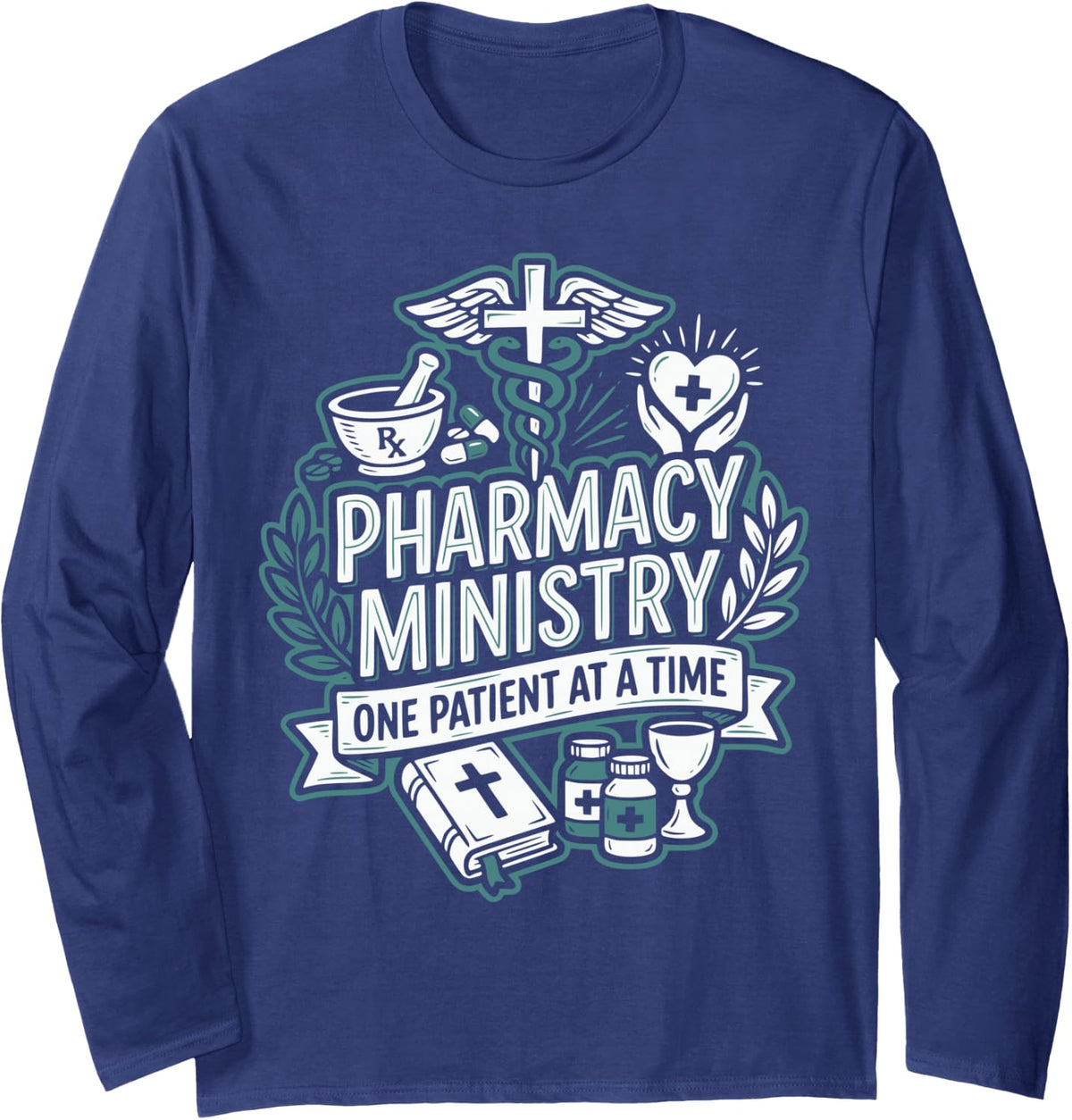 Christian Pharmacy Technician Jesus Christ Pharm Tech Long Sleeve T-Shirt - Adult Unisex Navy Blue