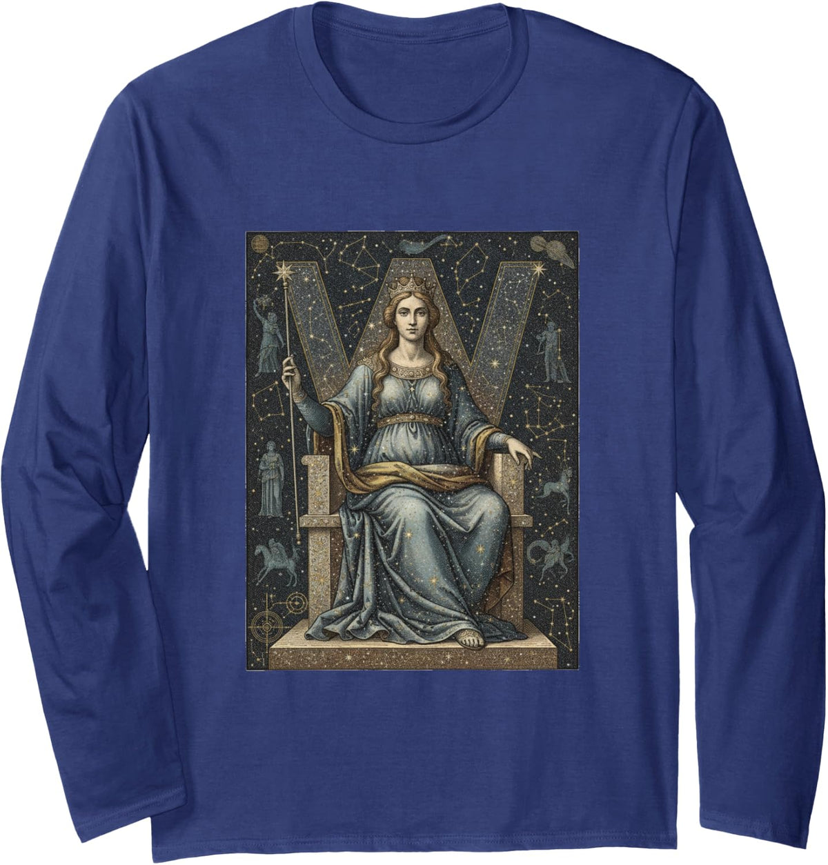Cassiopeia Crowned Queen Celestial Star Map Art Graphic Long Sleeve T-Shirt - Adult Unisex Navy Blue