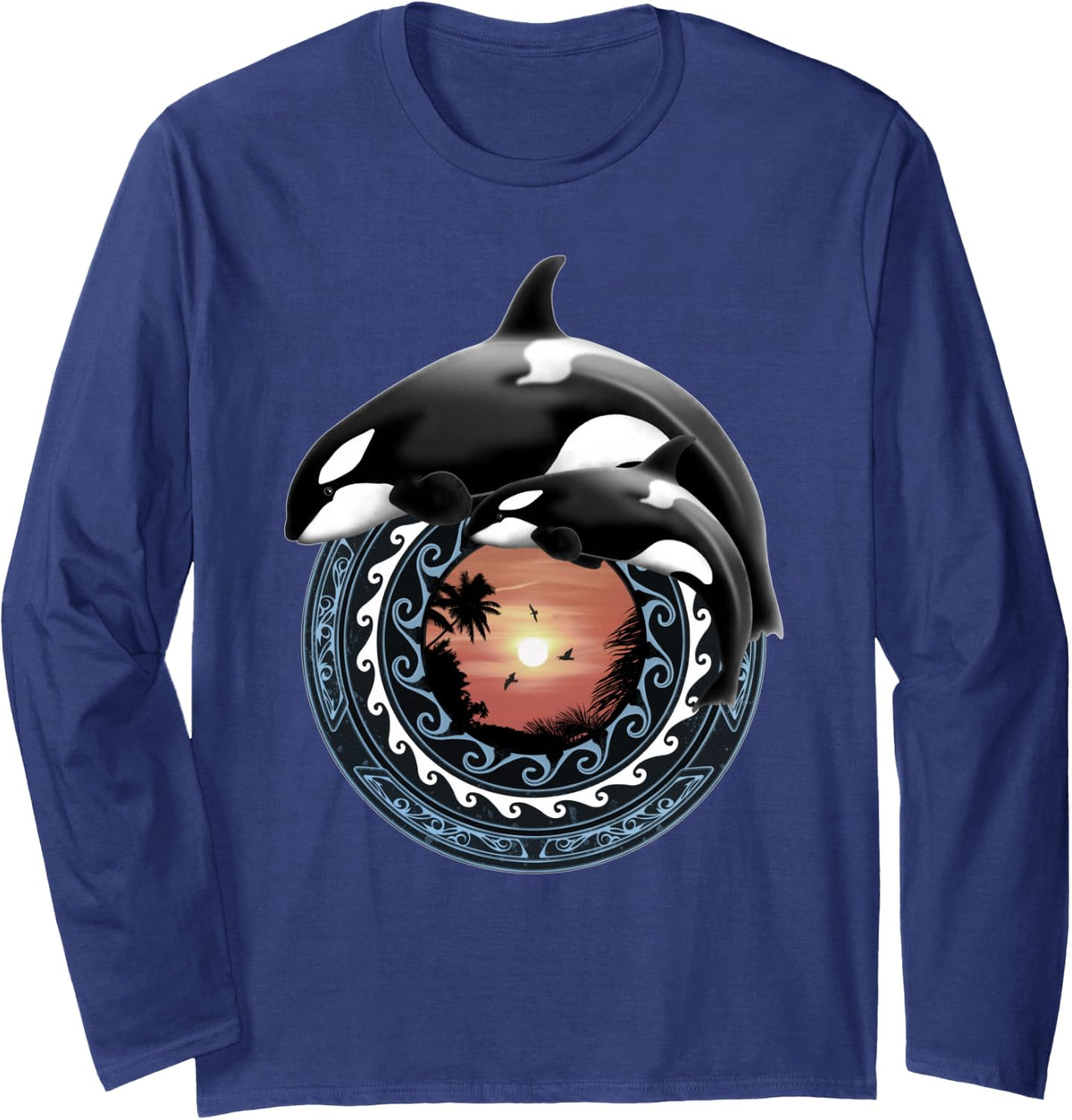Cute Orca Whales Hawaiian Polynesian Orcas Long Sleeve T-Shirt - Adult Unisex Navy Blue