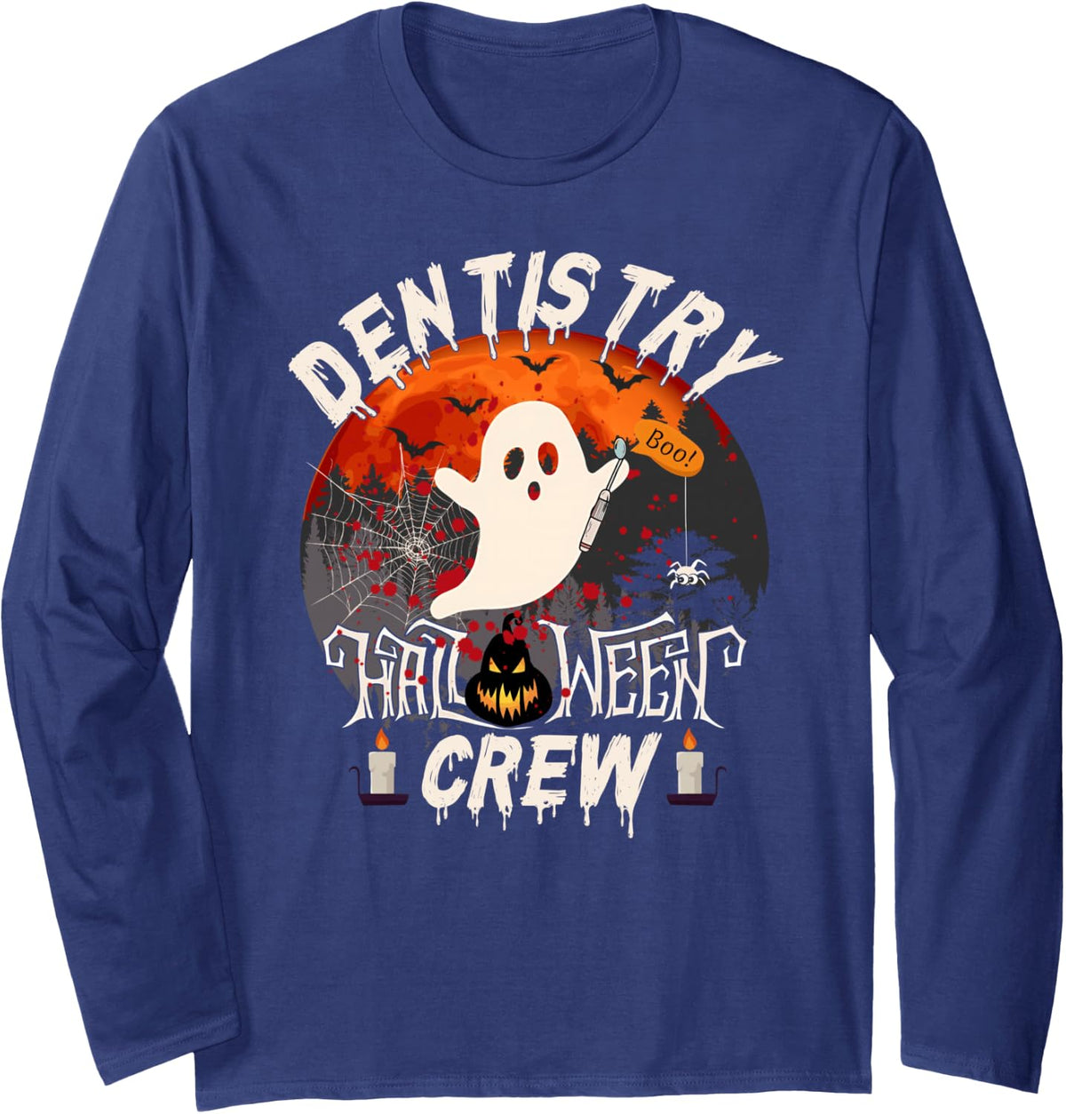 Spooky Dentistry Boo Crew Dentist Halloween Matching Long Sleeve T-Shirt - Adult Unisex Navy Blue