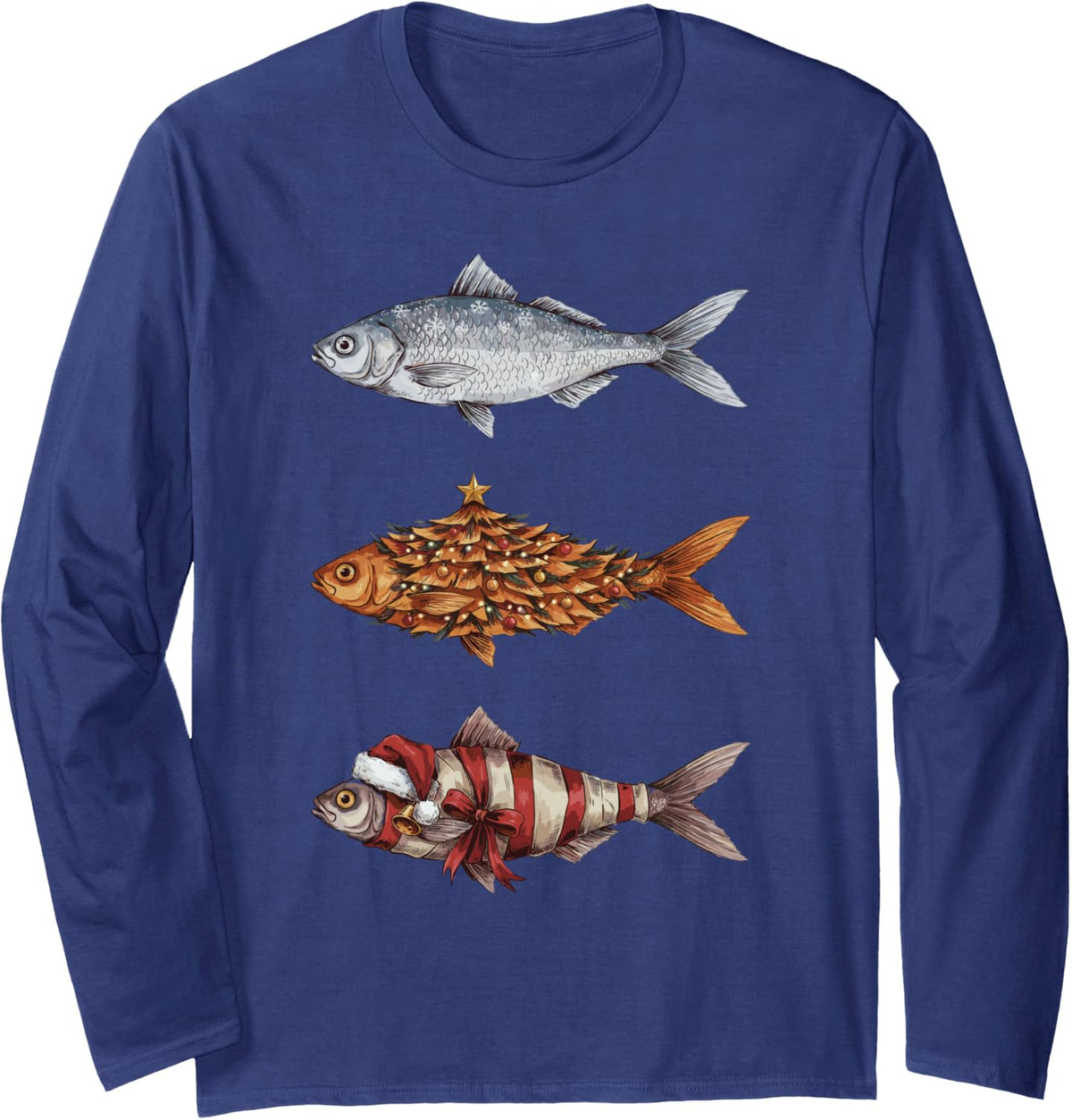 Christmas Fish Trout Snow Long Sleeve T-Shirt - Adult Unisex Navy Blue