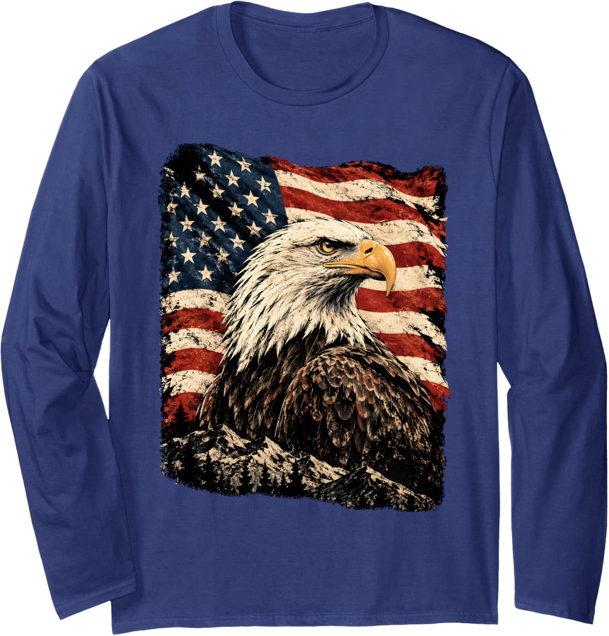 Patriotic Bald Eagle Long Sleeve T-Shirt - Adult Unisex Navy Blue
