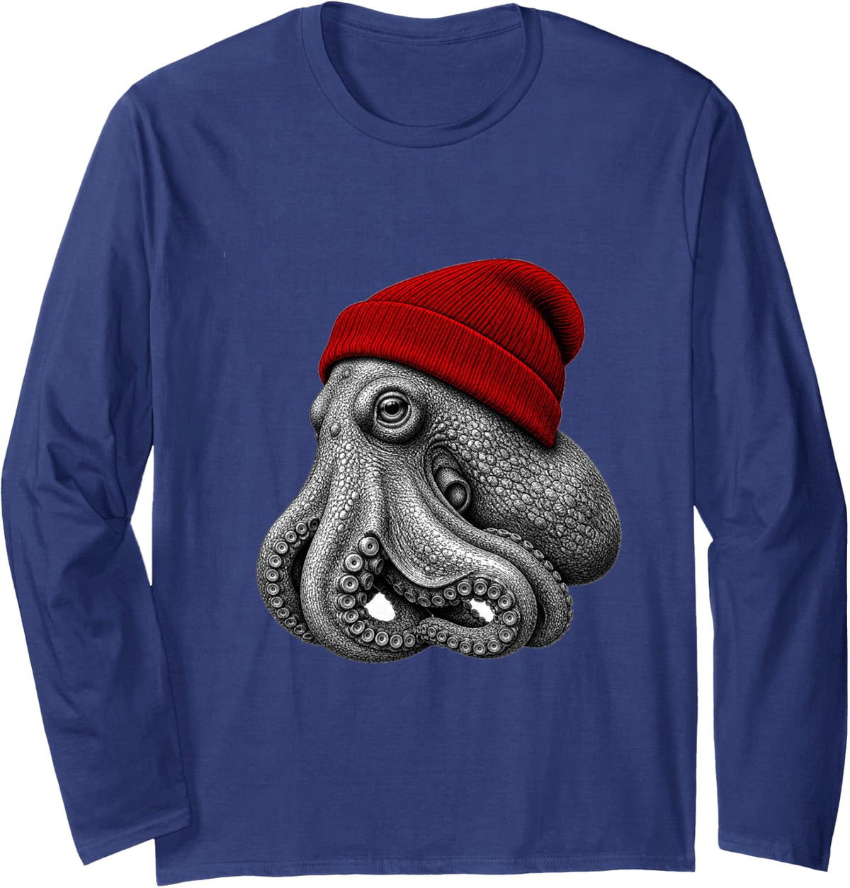 Octopus Wearing Beanie Funny Chill Animal Lover Long Sleeve T-Shirt - Adult Unisex Navy Blue
