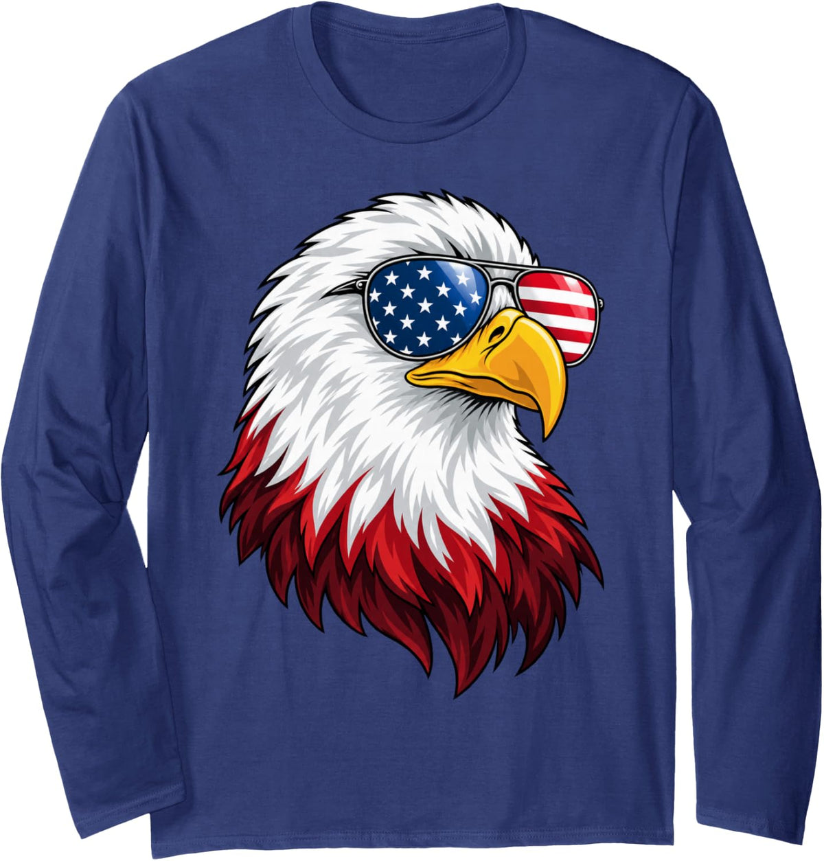 Bald Eagle Aviator Sunglasses American Flag Graphic Long Sleeve T-Shirt - Adult Unisex Navy Blue