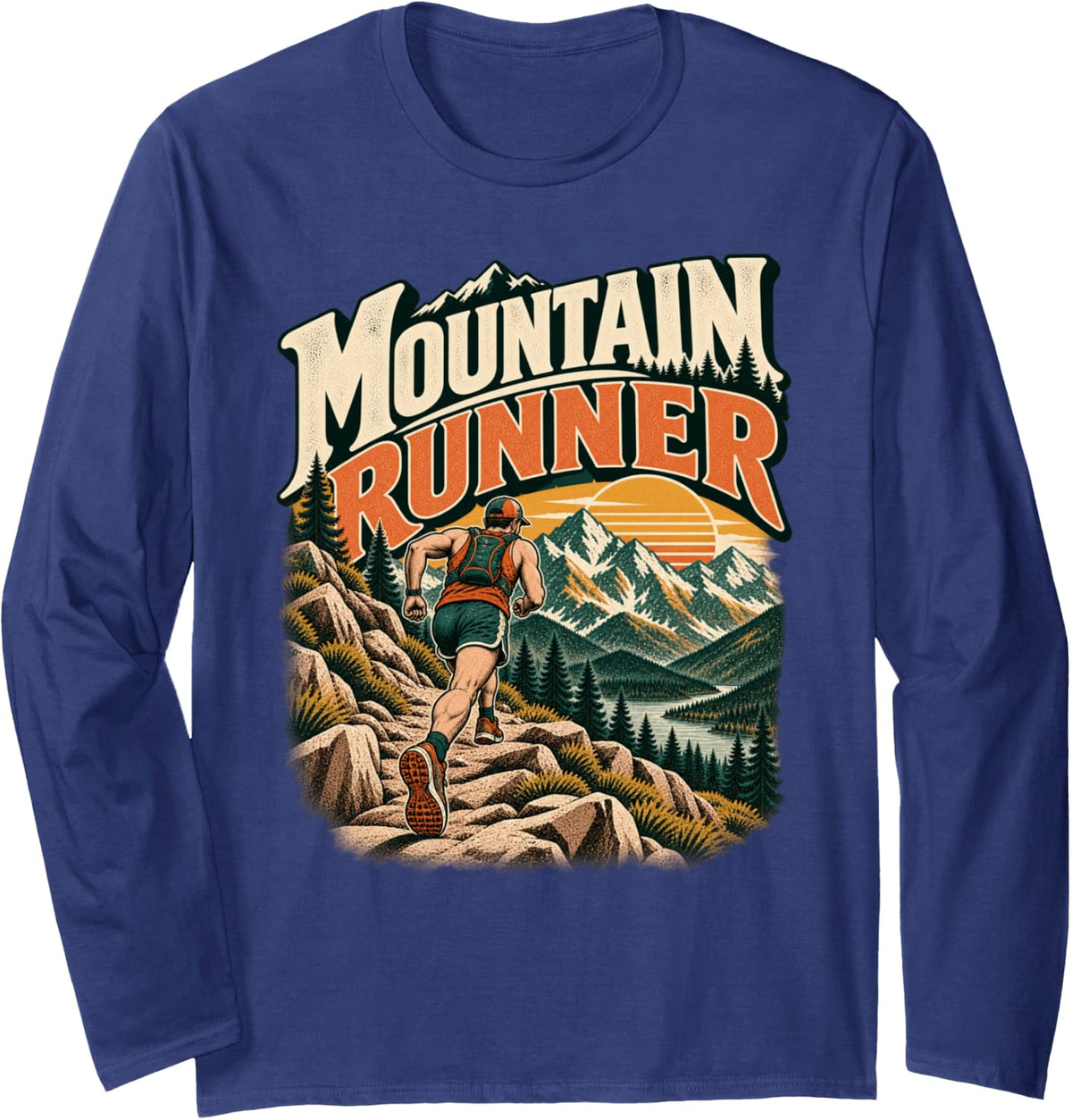 Mountain Runner Vintage Trail Running Adventure Long Sleeve T-Shirt - Adult Unisex Navy Blue