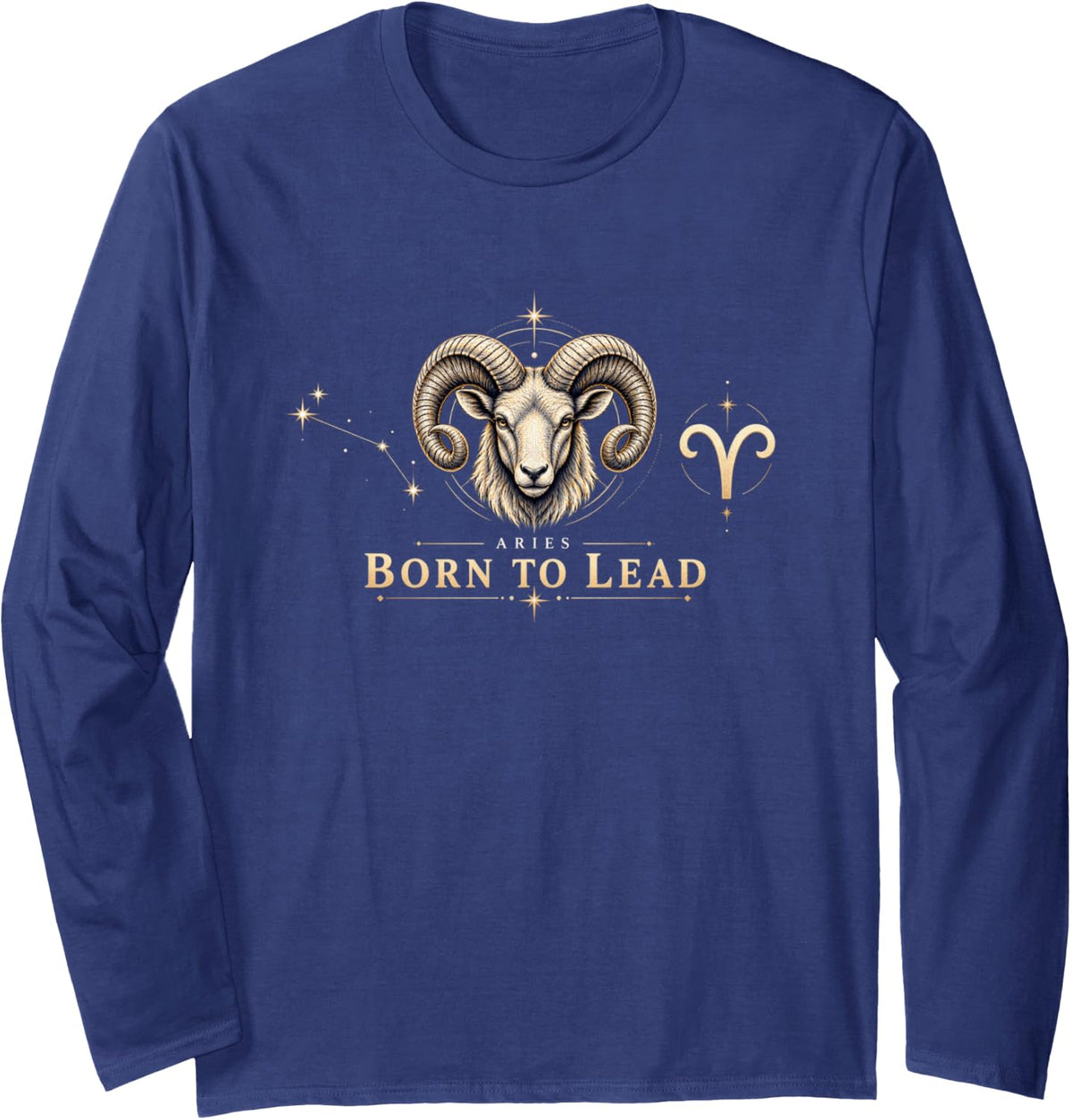 Aries Born to Lead Ram Zodiac Astrology Long Sleeve T-Shirt - Adult Unisex Navy Blue