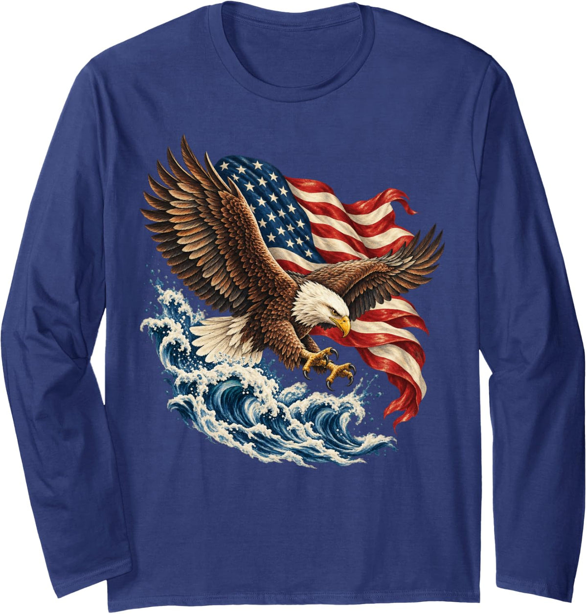 Bald Eagle in Flight with American Flag Waves Long Sleeve T-Shirt - Adult Unisex Navy Blue