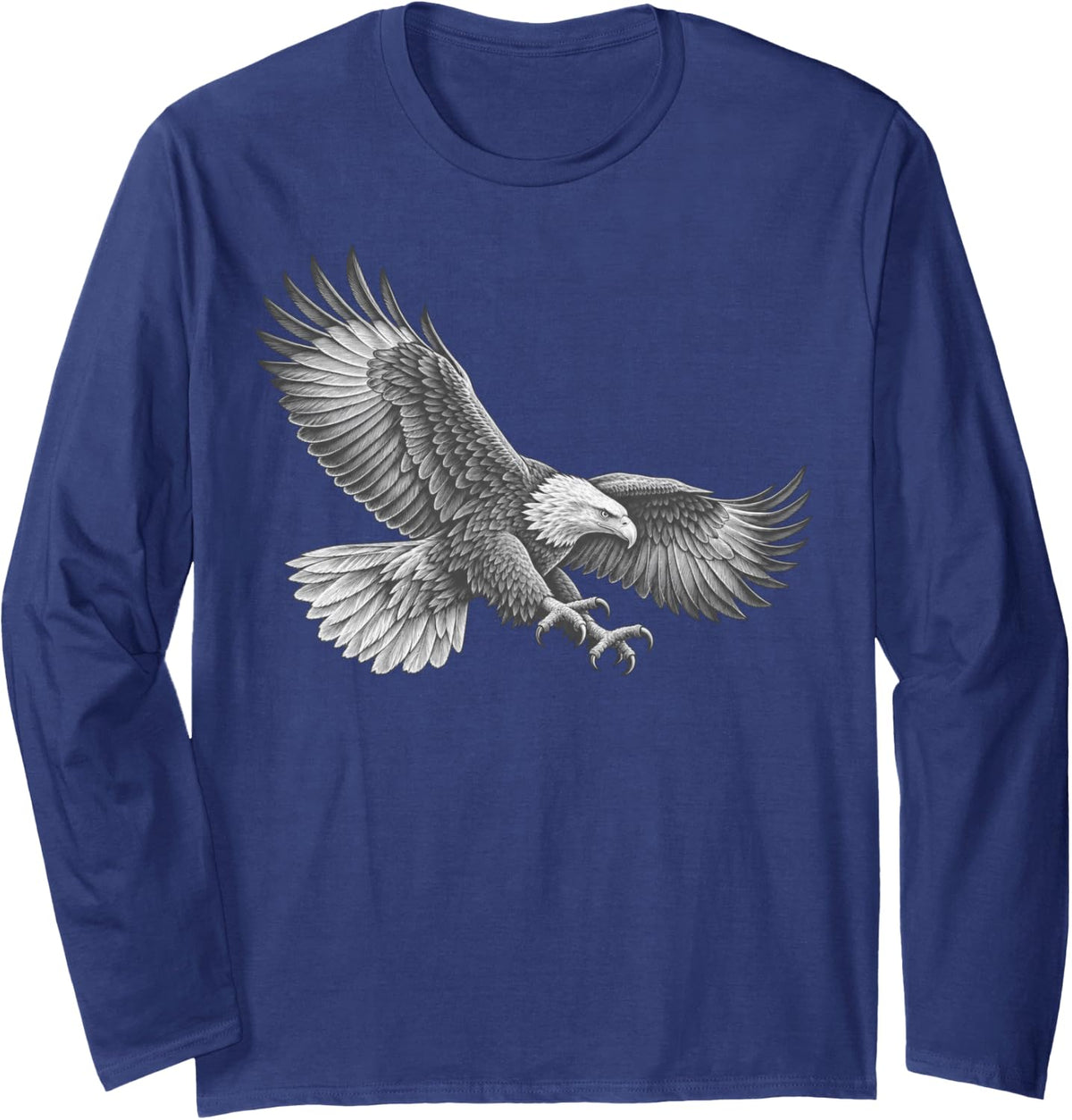 Bald Eagle Diving Swoop Engraved Line Art Long Sleeve T-Shirt - Adult Unisex Navy Blue