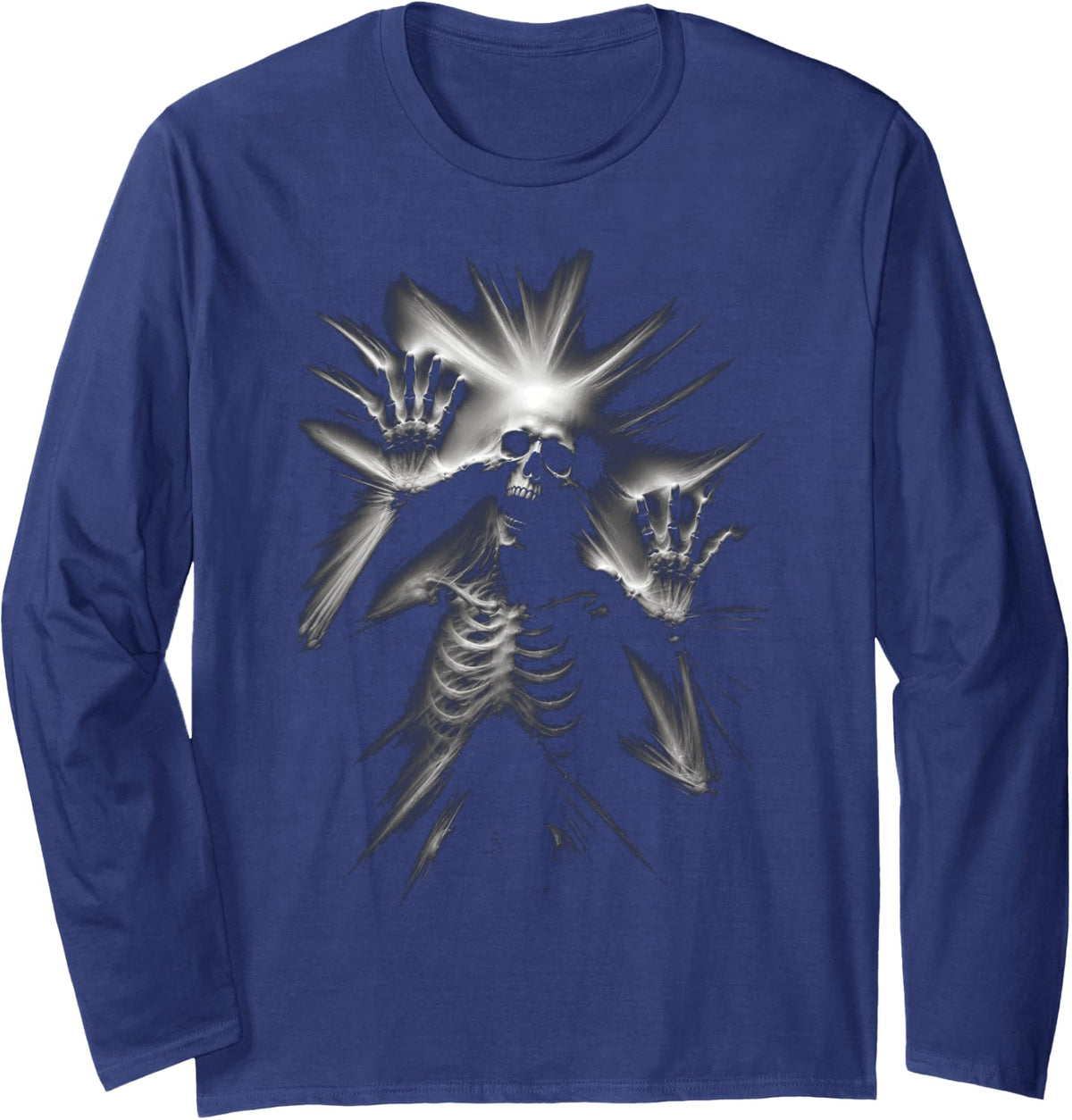 Skeleton Screaming Gothic Horror Punk Hallowen Black Long Sleeve T-Shirt - Adult Unisex Navy Blue