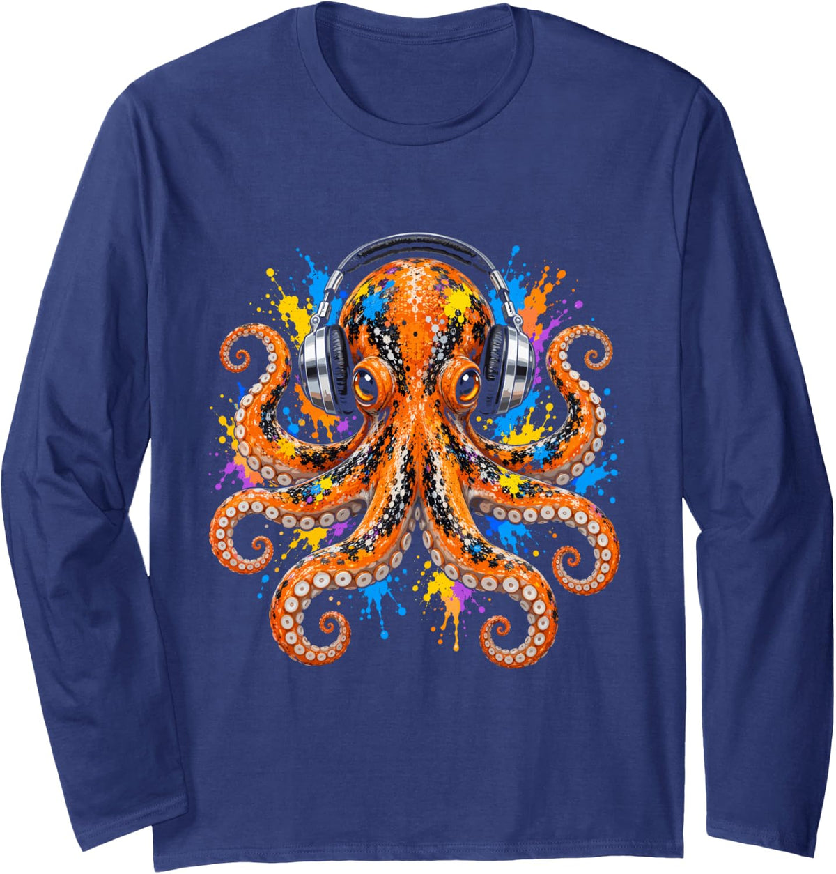 Headphones Paint Splash Art - Octopus Long Sleeve T-Shirt - Adult Unisex Navy Blue