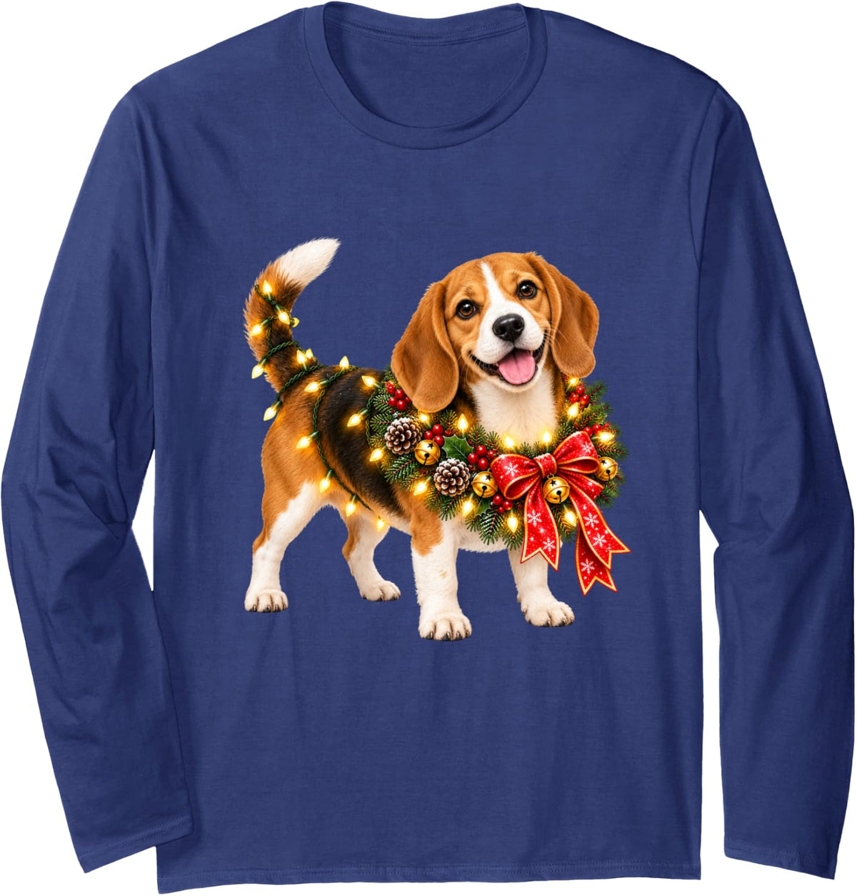 Beagle Christmas Wreath Decoration Xmas Pajamas Long Sleeve T-Shirt - Adult Unisex Navy Blue