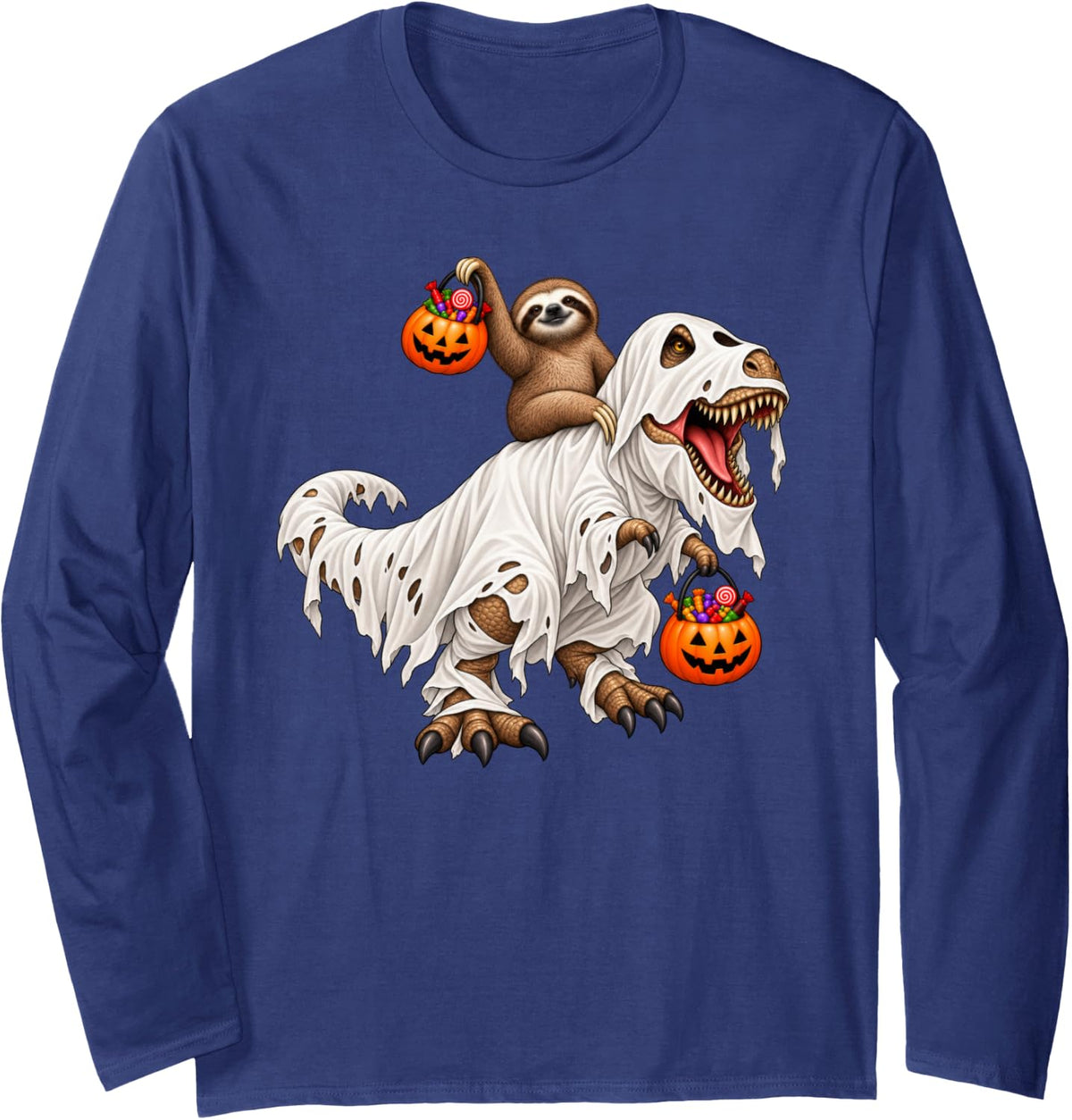 Sloth Riding Ghost T-Rex Dinosaur Funny Halloween Long Sleeve T-Shirt - Adult Unisex Navy Blue