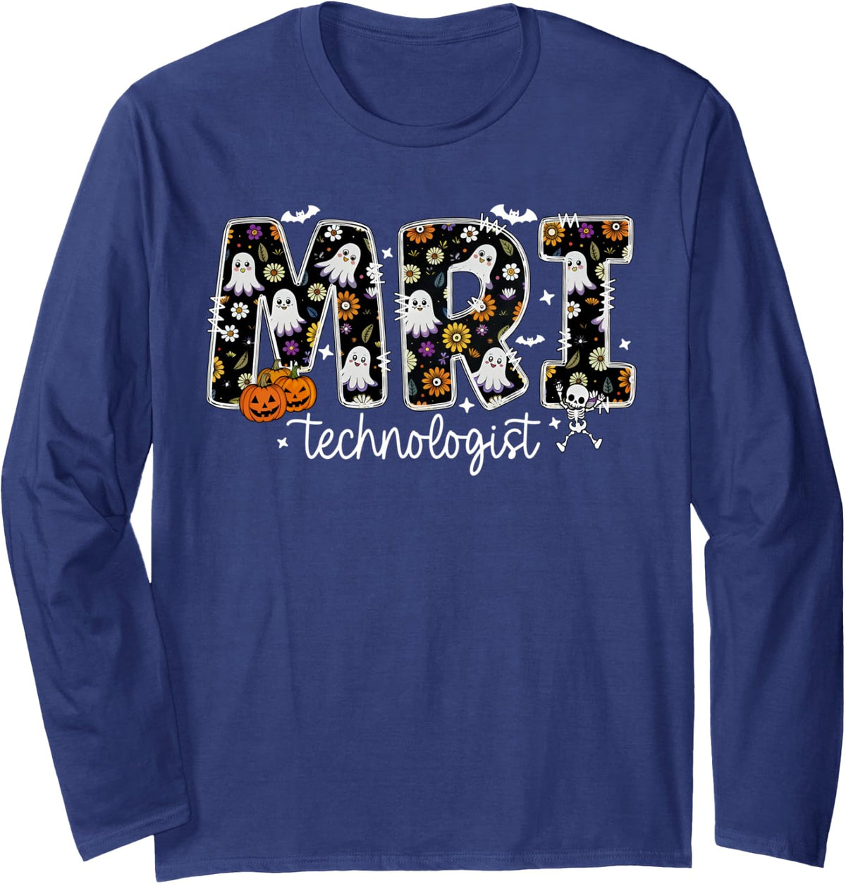 Floral Ghost Pumpkin Skeleton MRI Technologist Halloween Long Sleeve T-Shirt - Adult Unisex Navy Blue