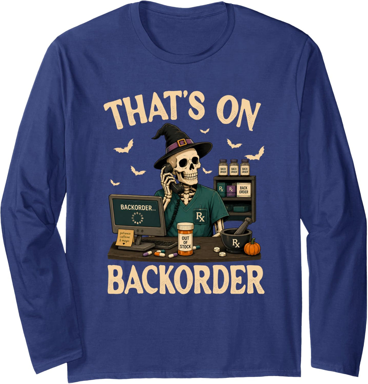 Pharmacy Technician Skeleton Pharmacist Halloween Costume Long Sleeve T-Shirt - Adult Unisex Navy Blue