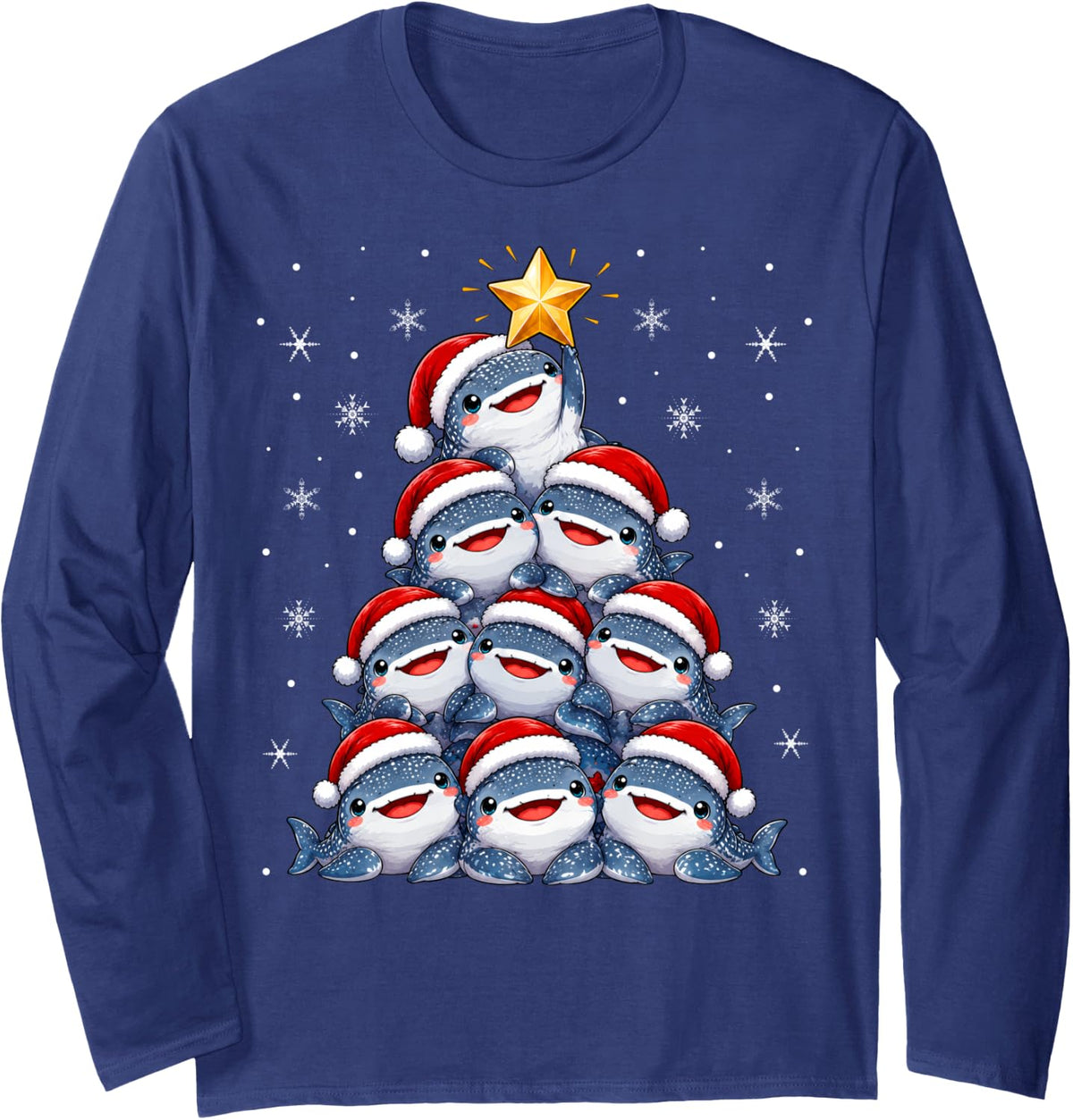 Cute Festive Santa Hat Whale Shark Christmas Tree Long Sleeve T-Shirt - Adult Unisex Navy Blue