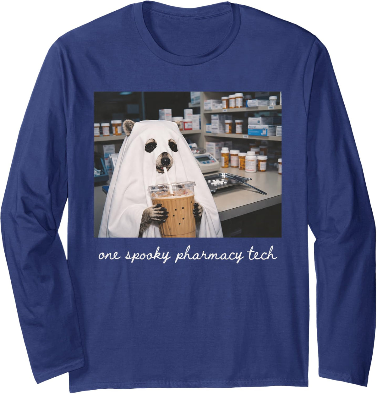 One Spooky Pharmacy Tech Ghost Raccoon Halloween Pharmacist Long Sleeve T-Shirt - Adult Unisex Navy Blue
