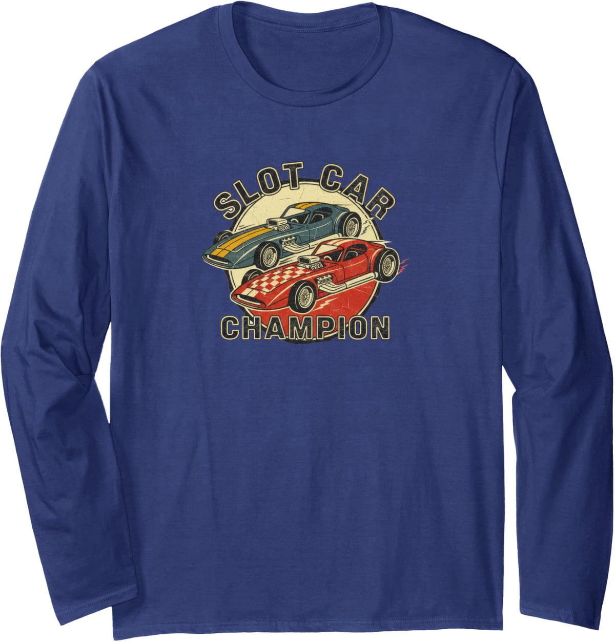 Vintage Slot Car Racing Collector Champion 1/32 Scale Long Sleeve T-Shirt - Adult Unisex Navy Blue