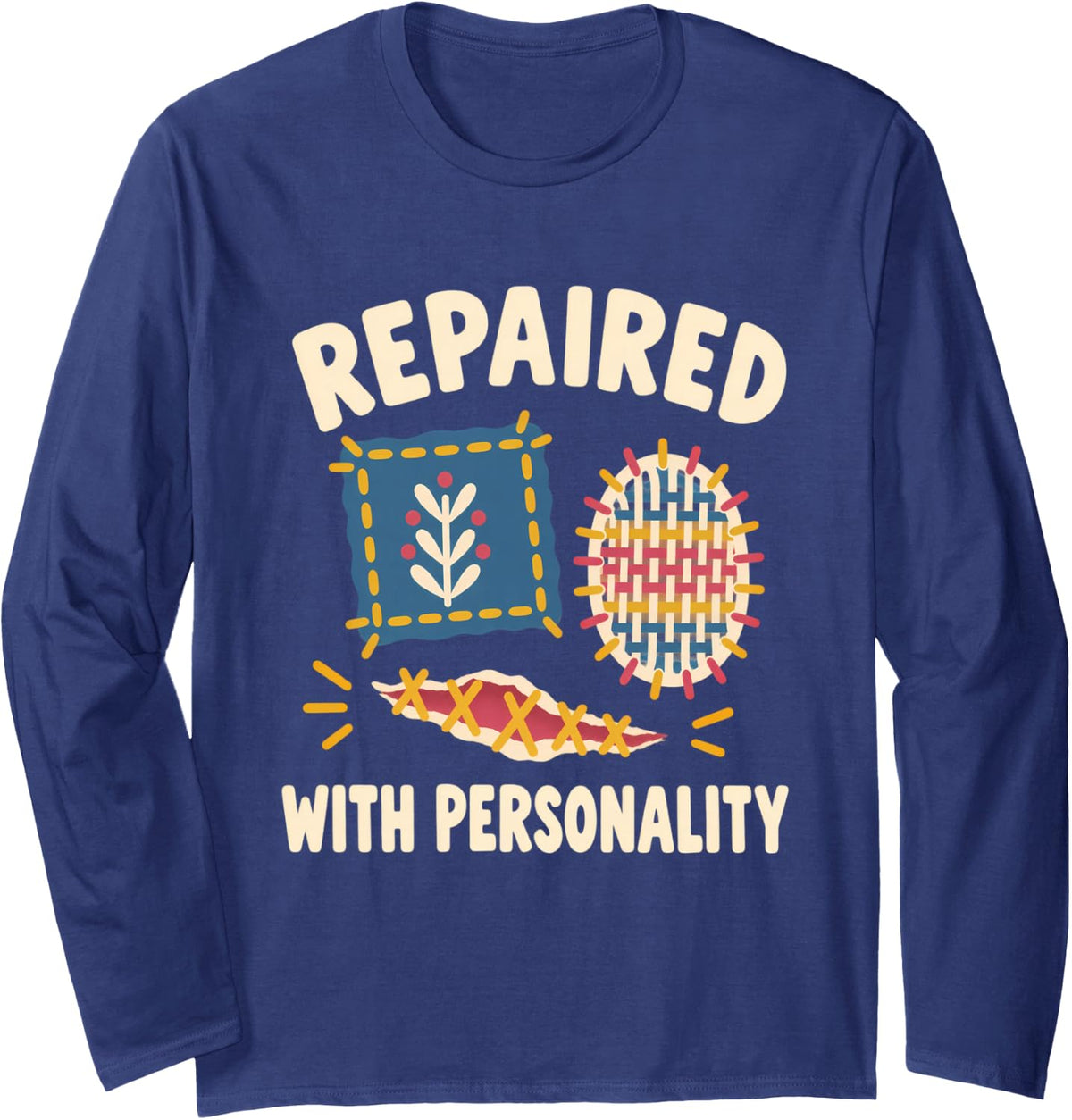 Repaired with Personality Visible Mending Embroidery Long Sleeve T-Shirt - Adult Unisex Navy Blue