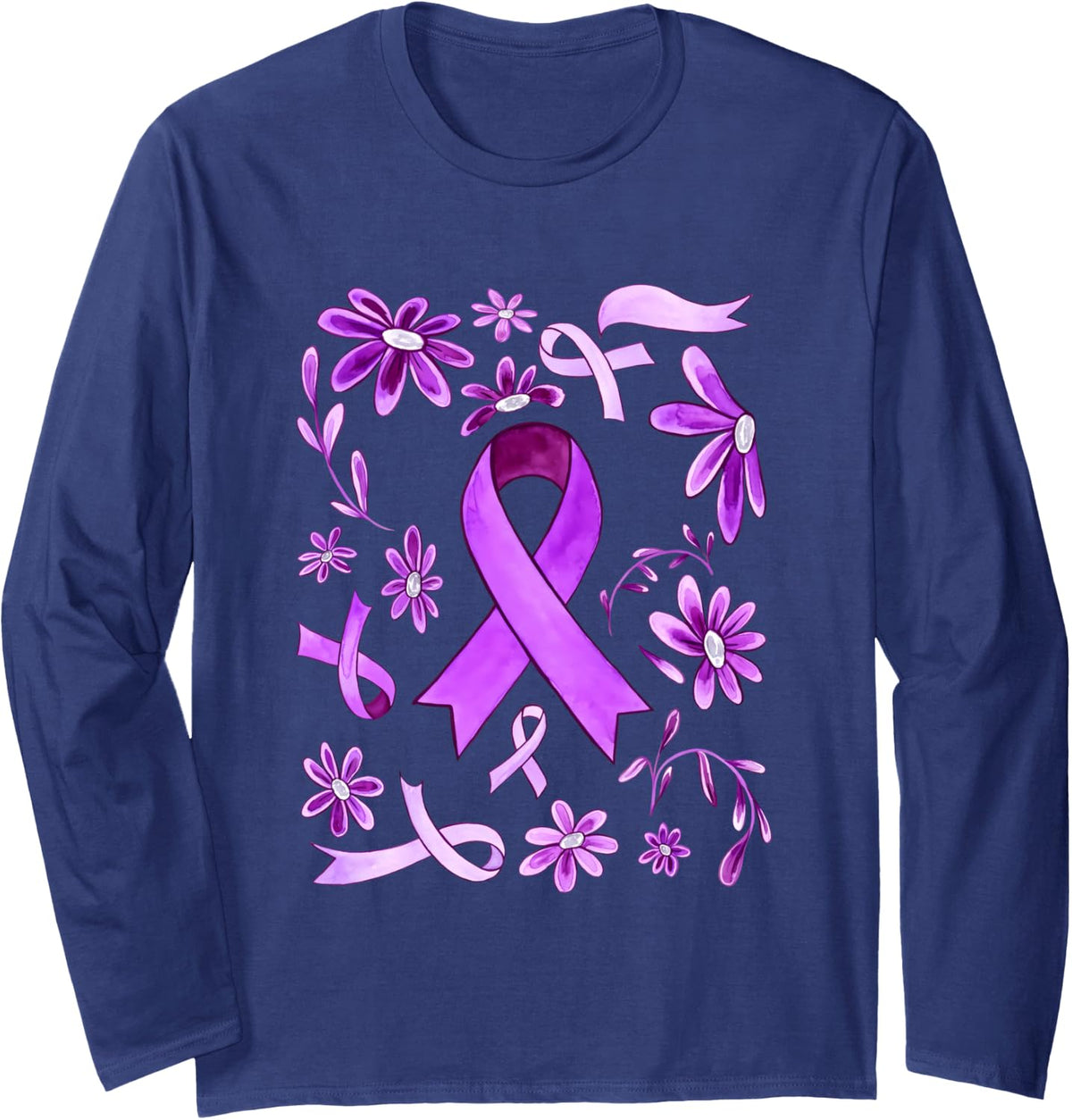 Purple Ribbon Pancreatic Cancer Awareness Oncology Nurse Long Sleeve T-Shirt - Adult Unisex Navy Blue