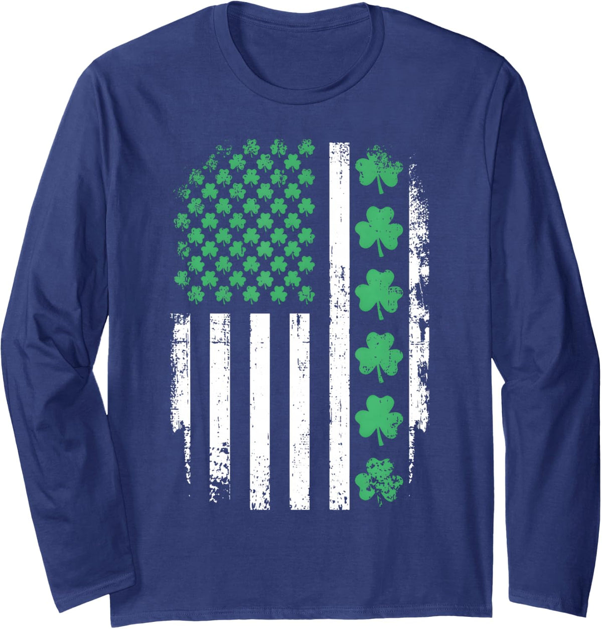 US American Flag with Shamrocks St Patricks Day Long Sleeve T-Shirt - Adult Unisex Navy Blue