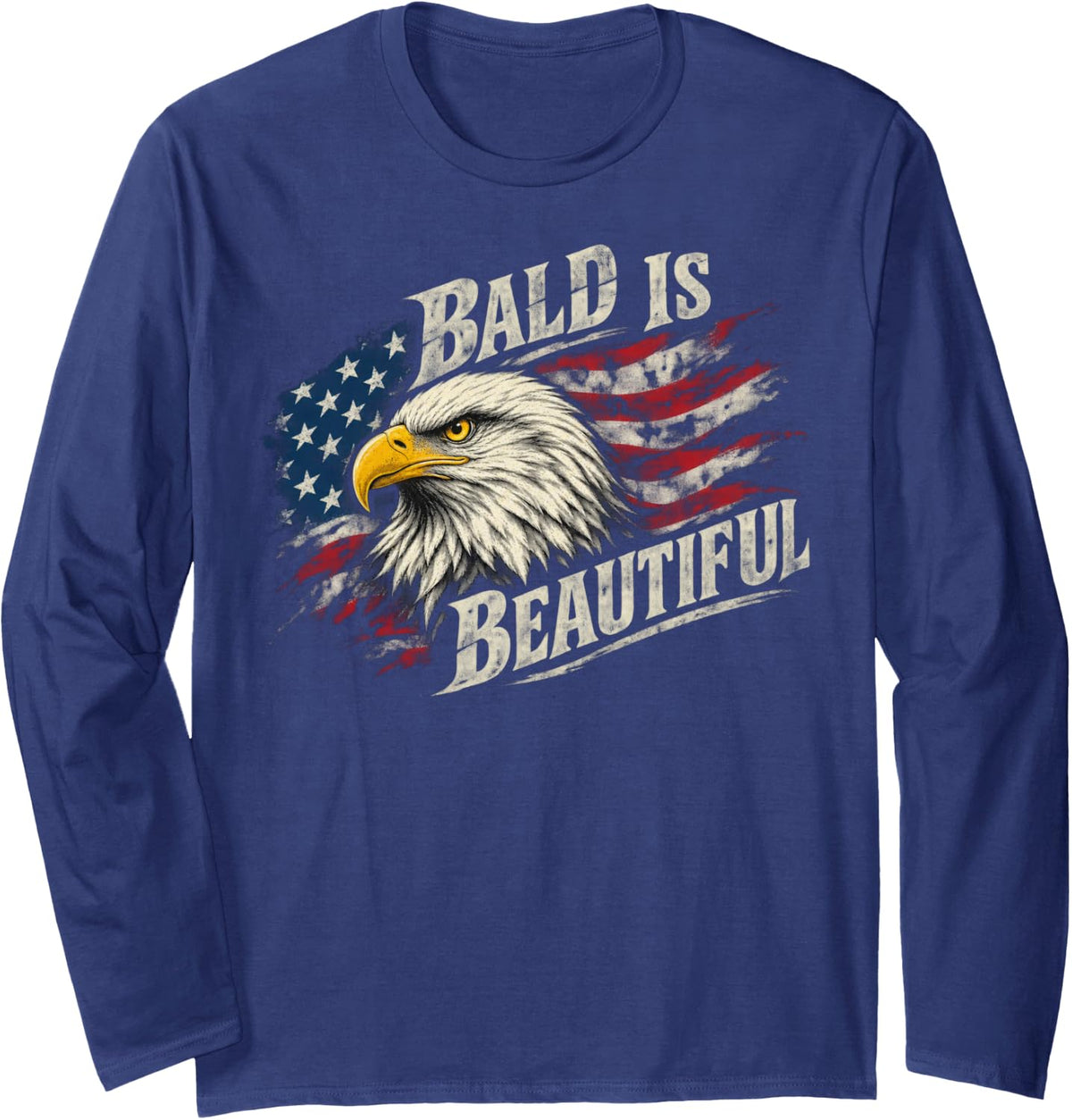 Bald Eagle Head USA Flag Patriotic Retro Long Sleeve T-Shirt - Adult Unisex Navy Blue