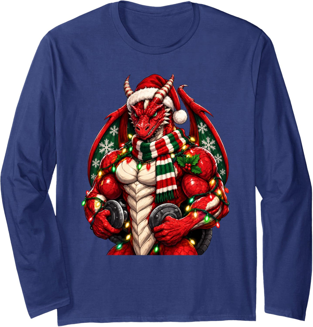 Muscular Dragon Powerlifting Gym Workout Christmas Xmas Long Sleeve T-Shirt - Adult Unisex Navy Blue