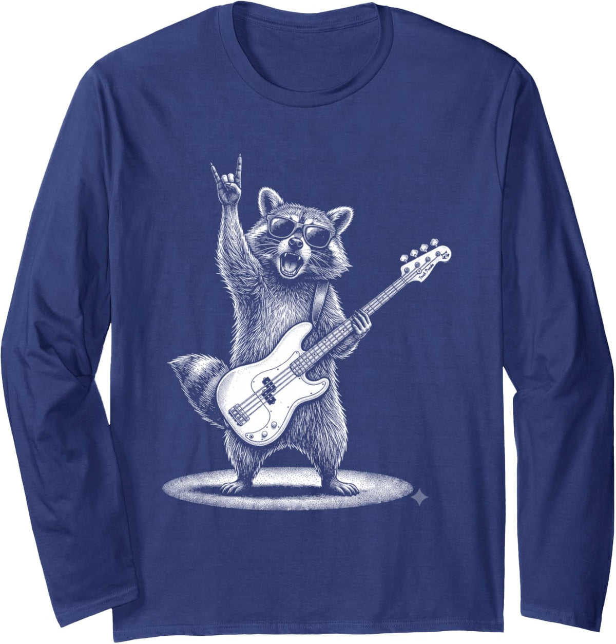 Raccoon Bass Guitar Player Rock Music Animal Lover Design Long Sleeve T-Shirt - Adult Unisex Navy Blue