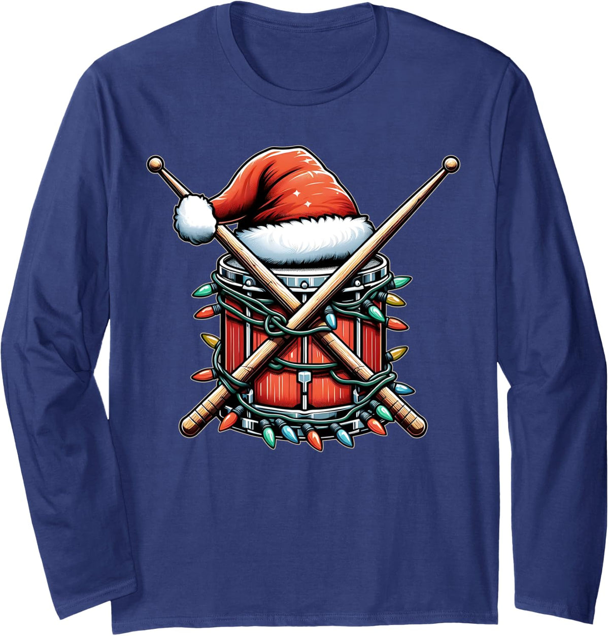 Drummer Drum Christmas Hat Xmas Long Sleeve T-Shirt - Adult Unisex Navy Blue