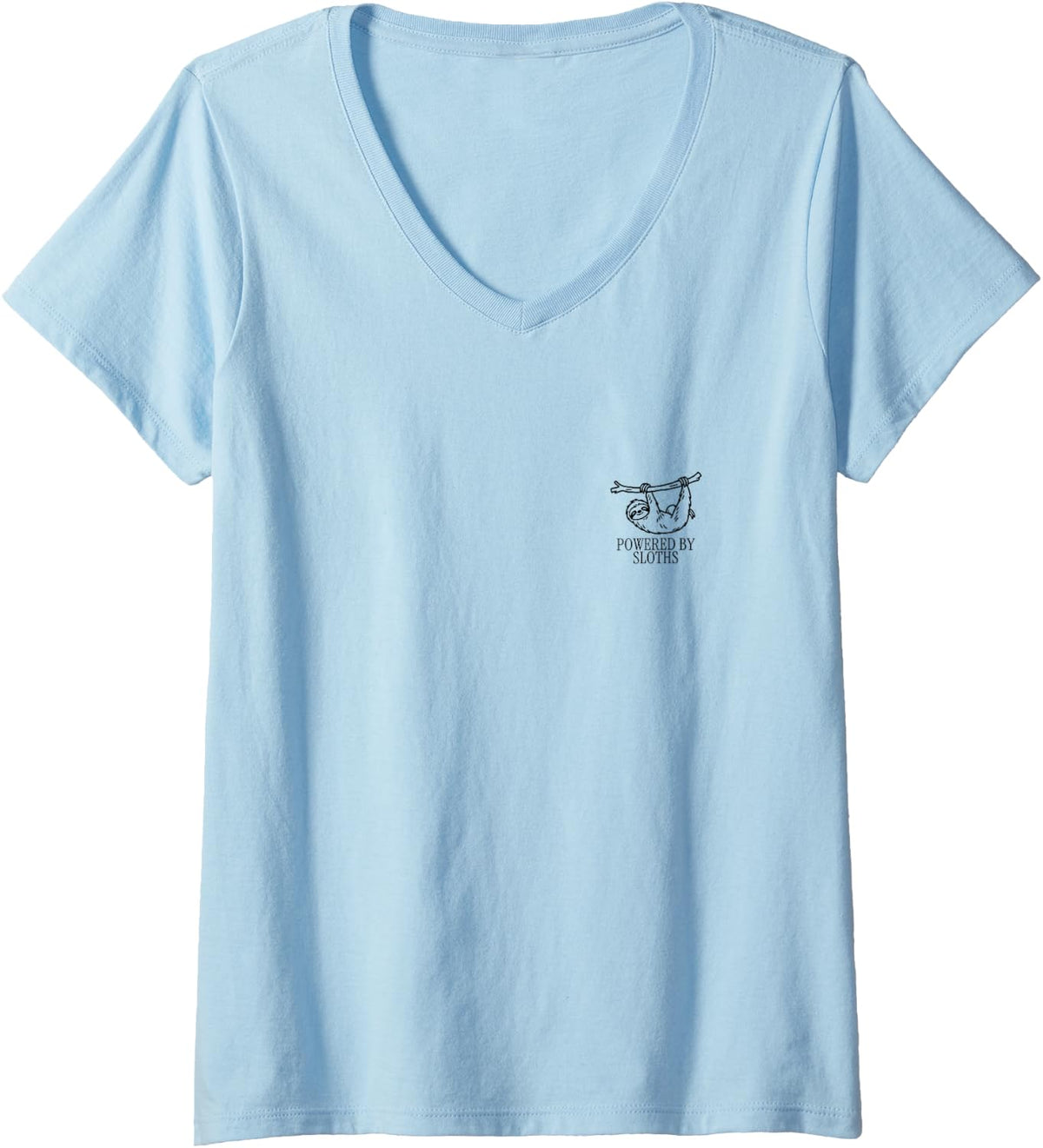 Women's Powered By Sloths Minimalist Lazy Animal Lover Humor V-Neck T-Shirt - Baby Blue