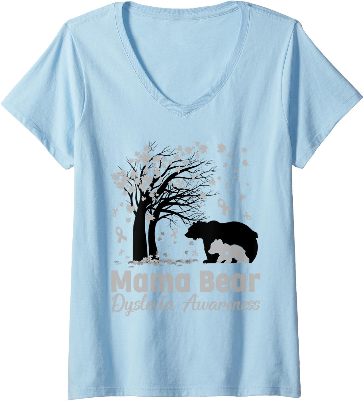 Proud Mama Bear Dyslexia Awareness Moms Sliver Ribbon Women V-Neck T-Shirt - Baby Blue