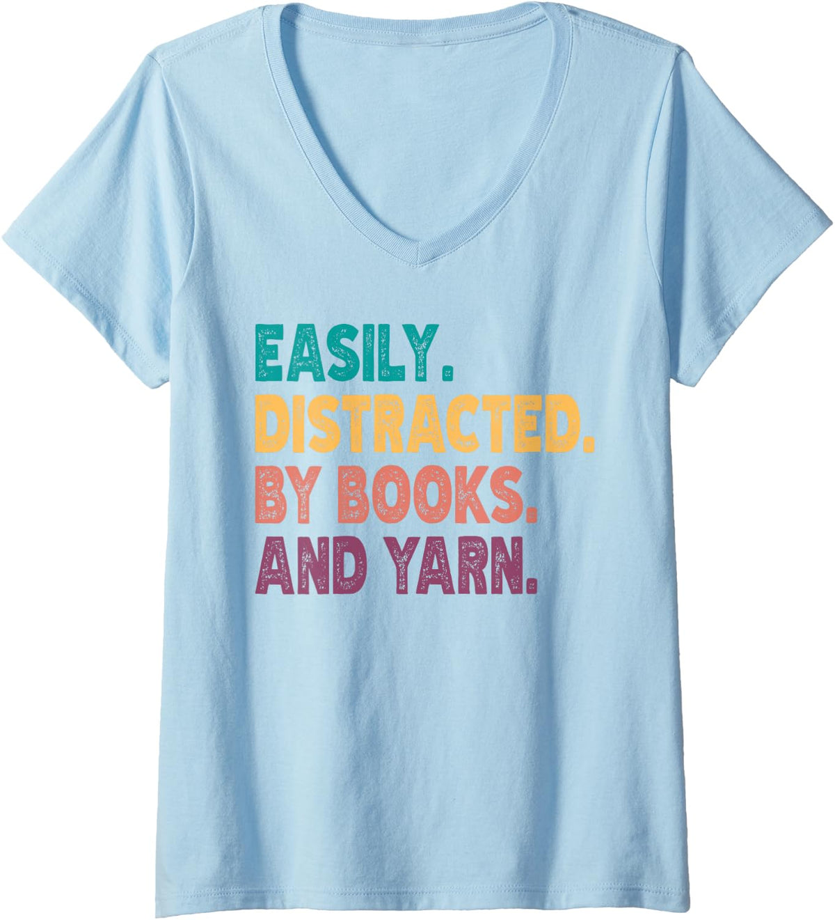 Women's Easily Distracted by Knitting Books and Yarn Quote Reader V-Neck T-Shirt - Baby Blue