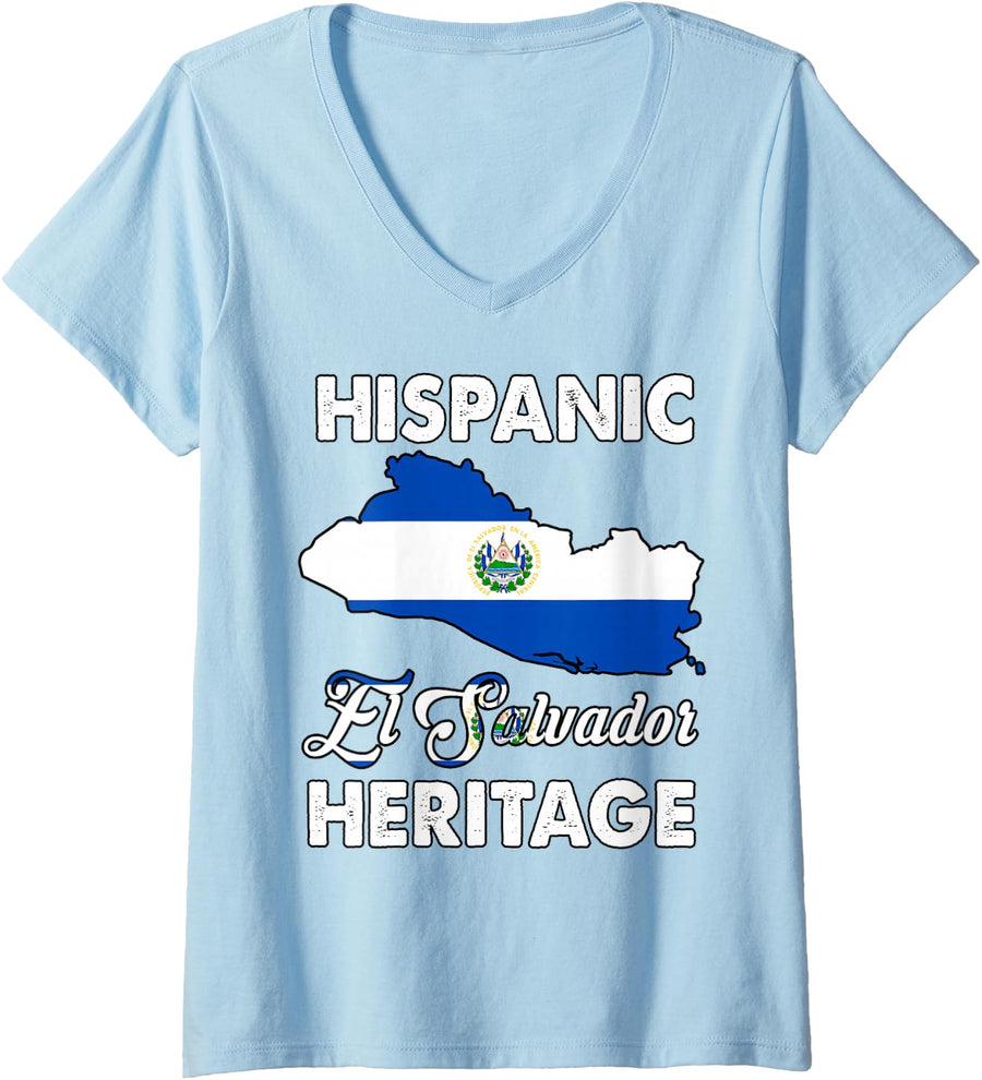 Women's El Salvador Flag Hispanic Heritage Month Salvadorian Kids V-Neck T-Shirt - Baby Blue