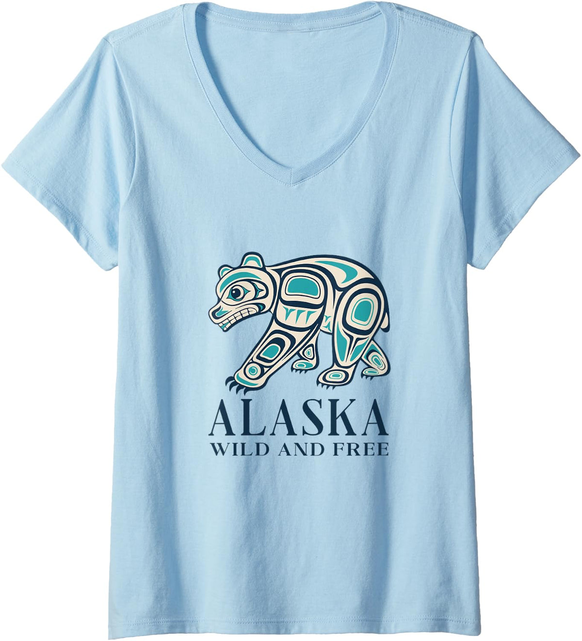 Women's Alaska State Pride Alaska Tribal Art Alaskan Bear V-Neck T-Shirt - Baby Blue