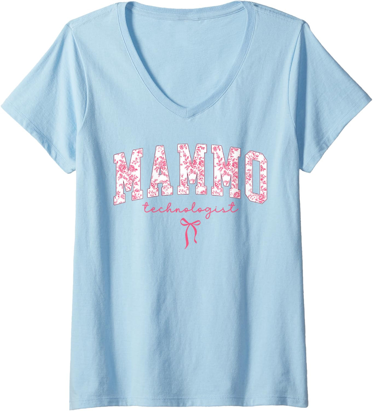 Women's Floral Mammo Technologist Coquette Bow Mammography Tech V-Neck T-Shirt - Baby Blue