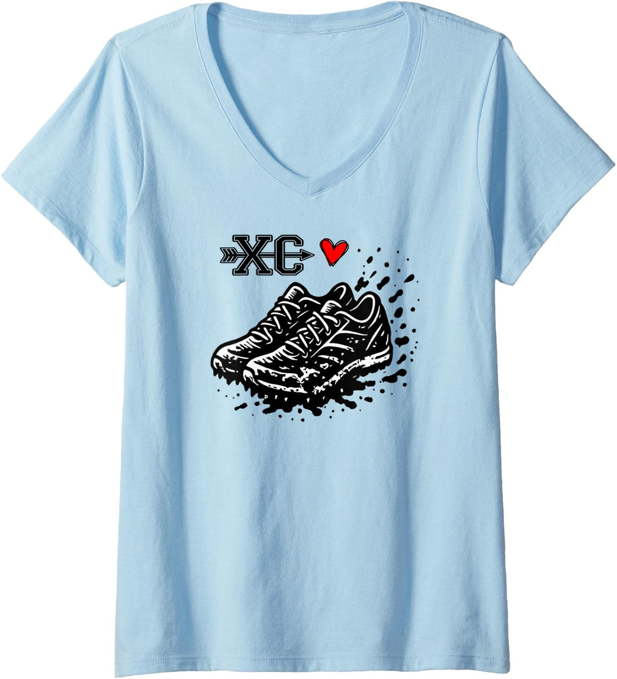 Womens Love Cross Country Running XC Runner Muddy Shoe V-Neck T-Shirt - Baby Blue