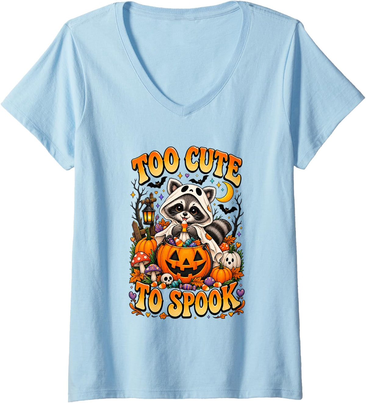 Women's Too Cute to Spook Raccoon Halloween Ghost Funny V-Neck T-Shirt - Baby Blue
